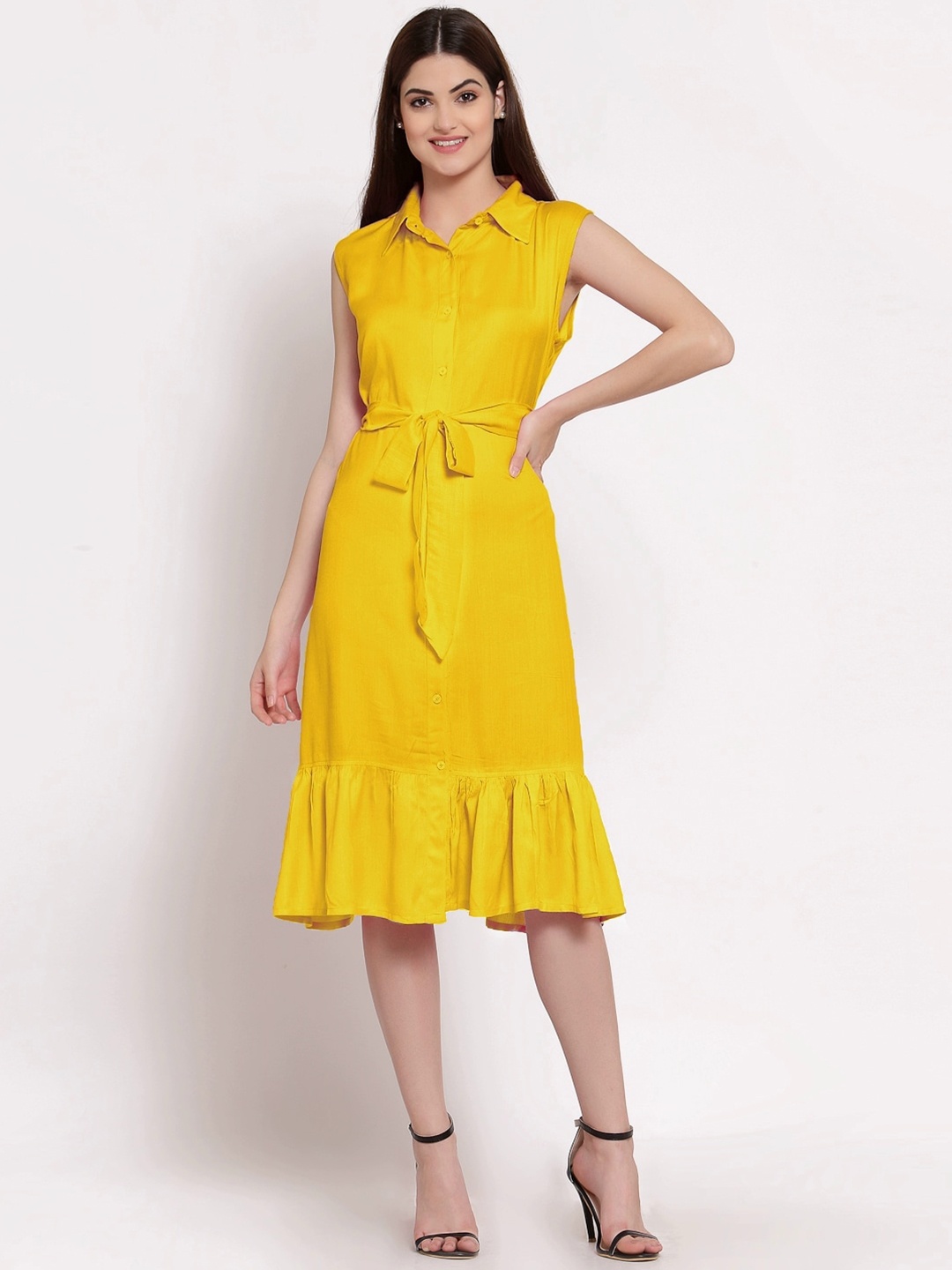 

PATRORNA Sleeveless Shirt Midi Cotton Dress, Yellow