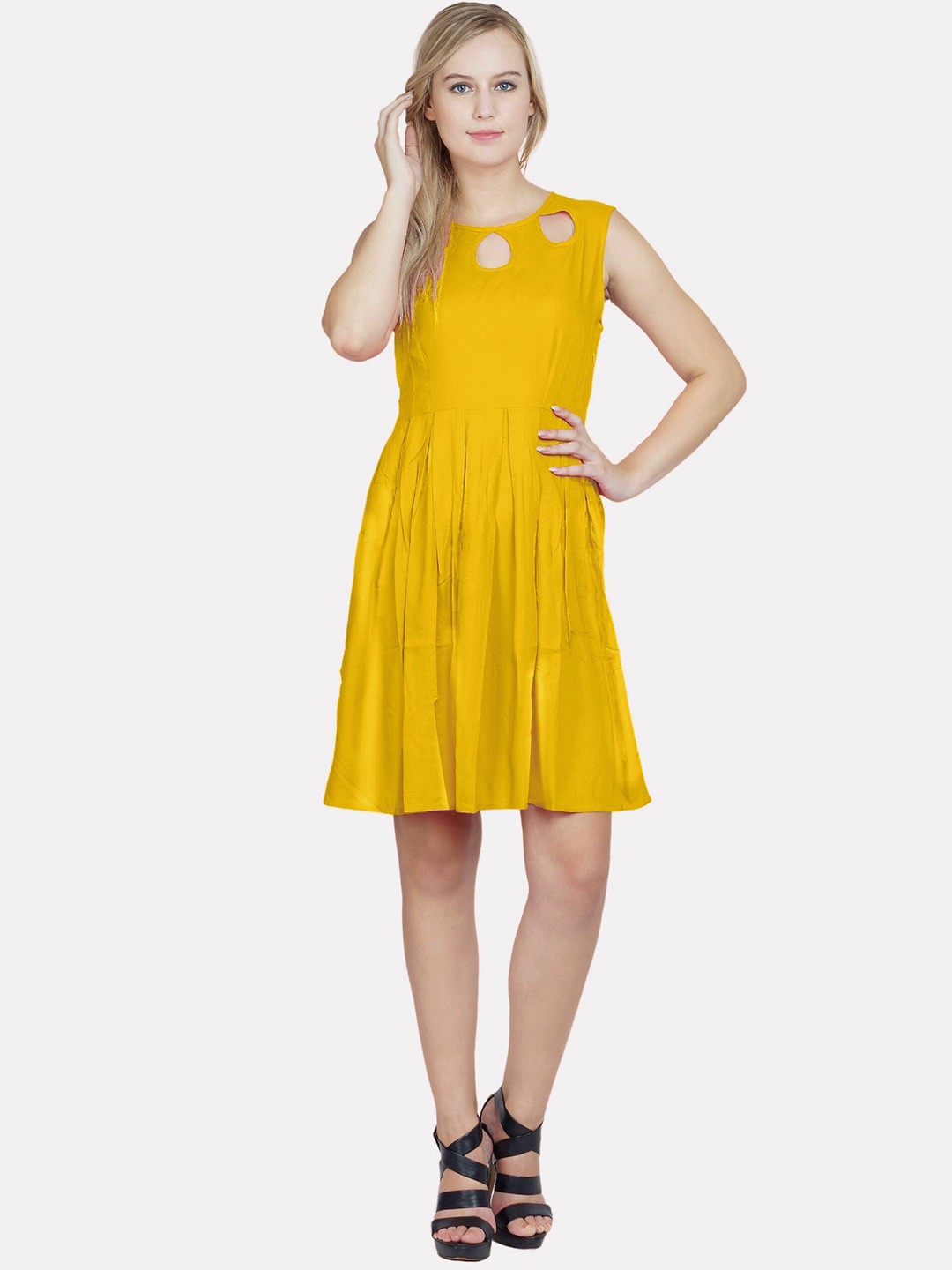 

PATRORNA Keyhole Neck Sleeveless Fit and Flare Dress, Yellow