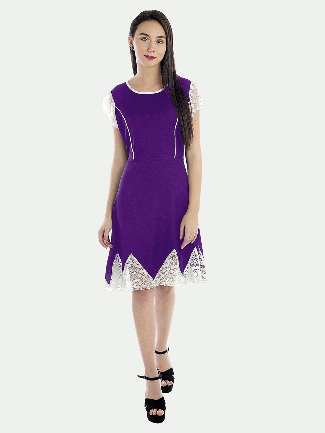 

PATRORNA Lace inserts Round Neck Flared Sleeves Fit And Flare Dress, Purple