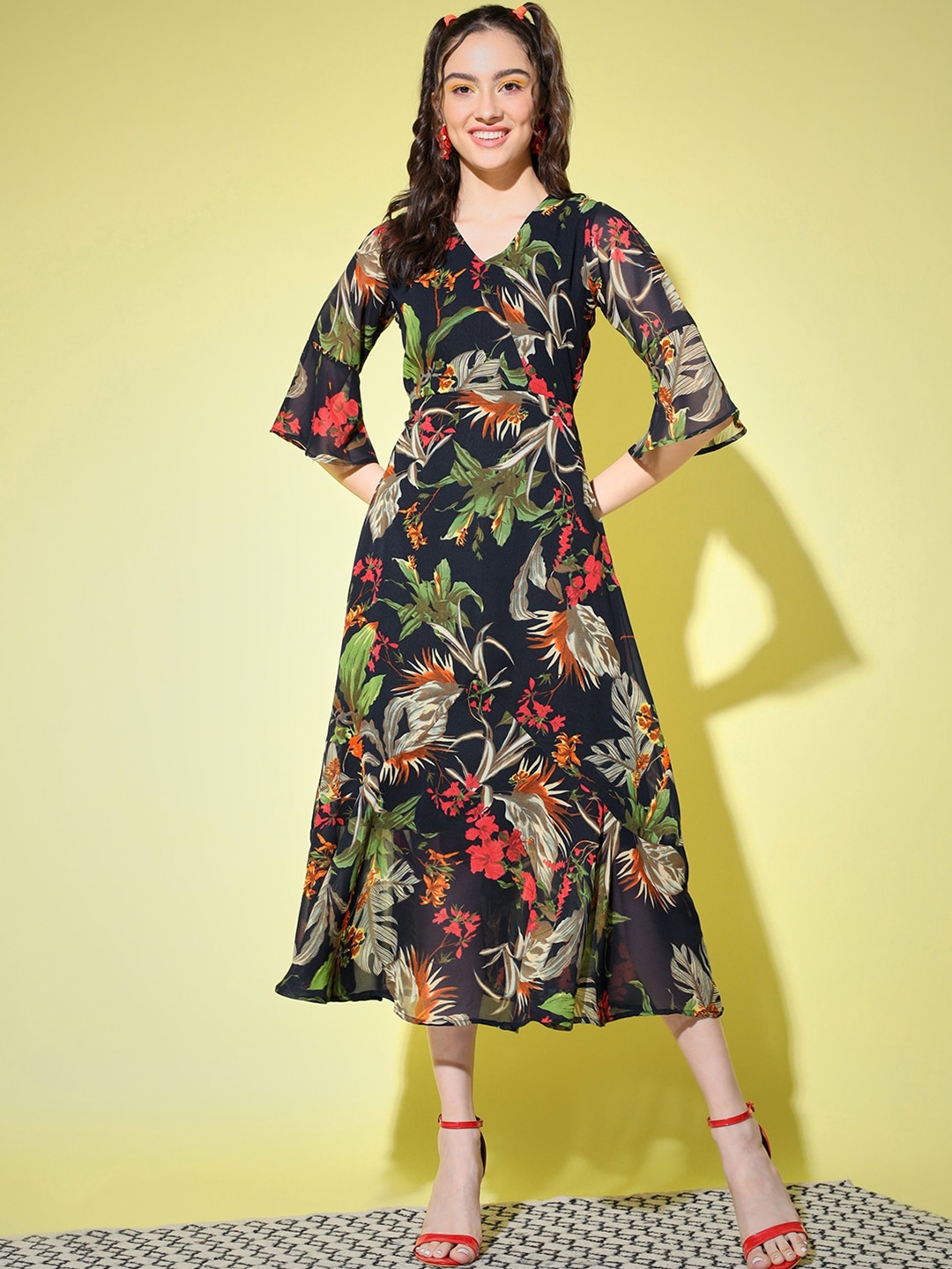 

Slenor Floral Printed Georgette Midi Dress, Black