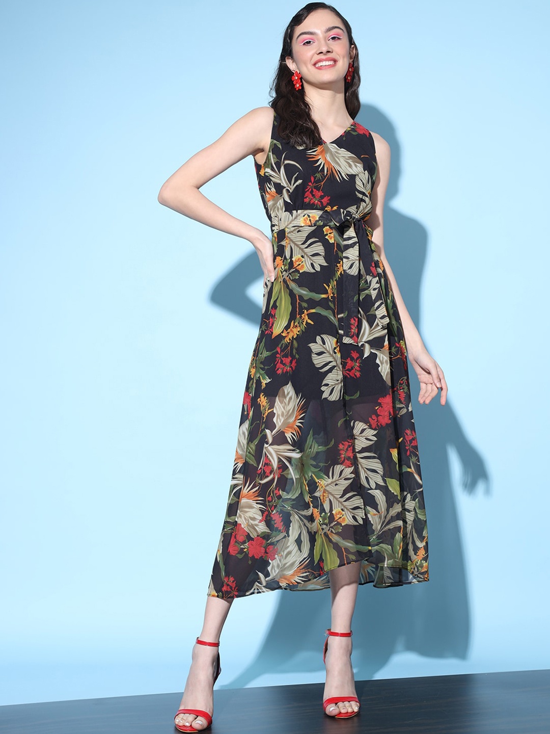 Slenor Tropical Georgette Midi Dress, Black