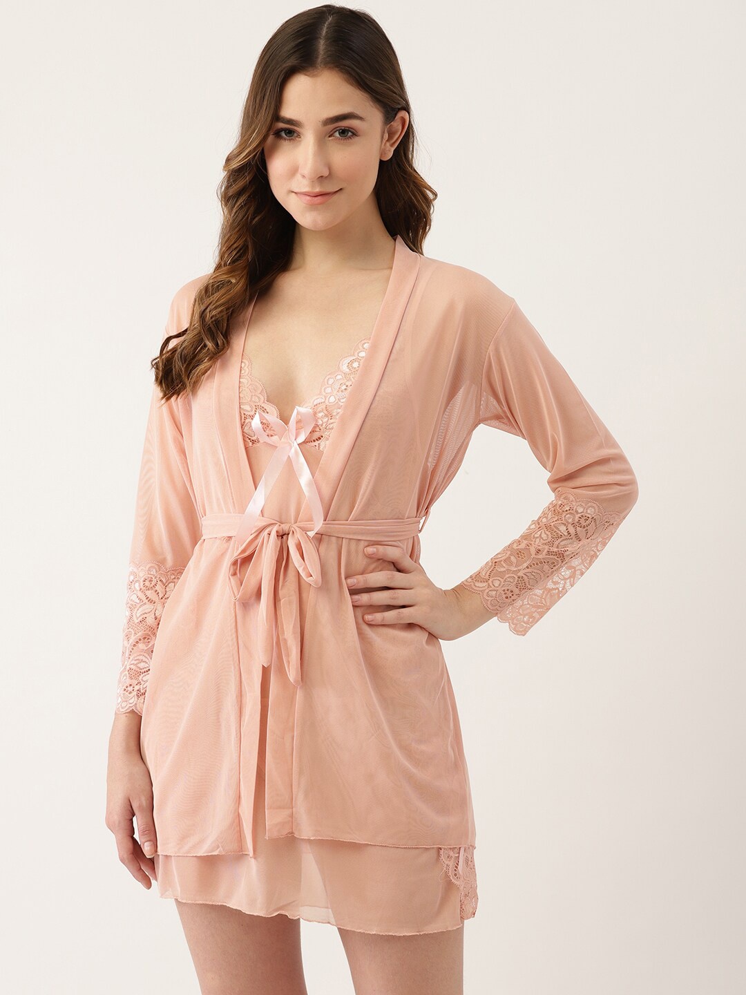 

Ms.Lingies Net Baby Doll with Robe & Thong, Peach