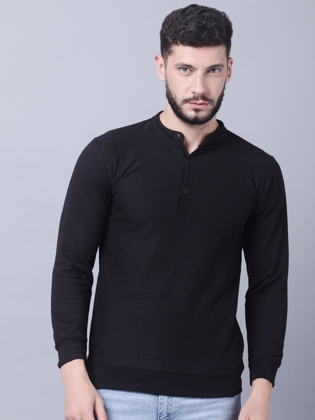 

THE EG STORE Henley Neck Fleece Sweatshirt, Black