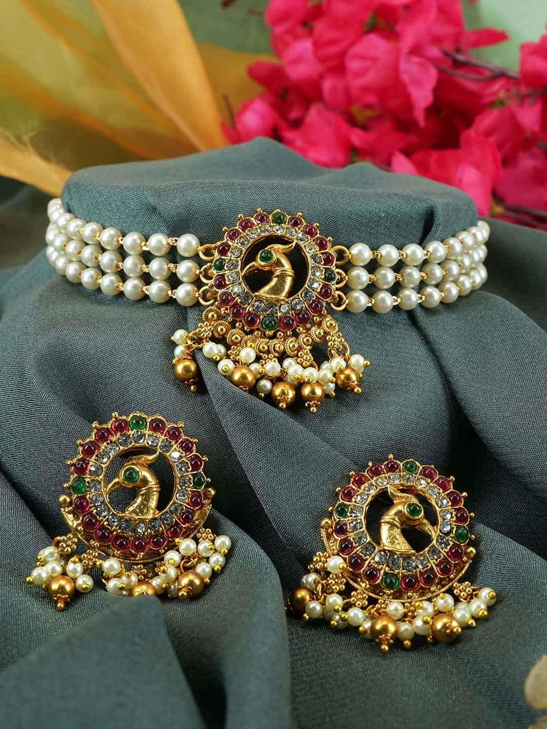 

GRIIHAM Gold-Plated AD-Studded & Pearl-Beaded Choker Jewellery Set