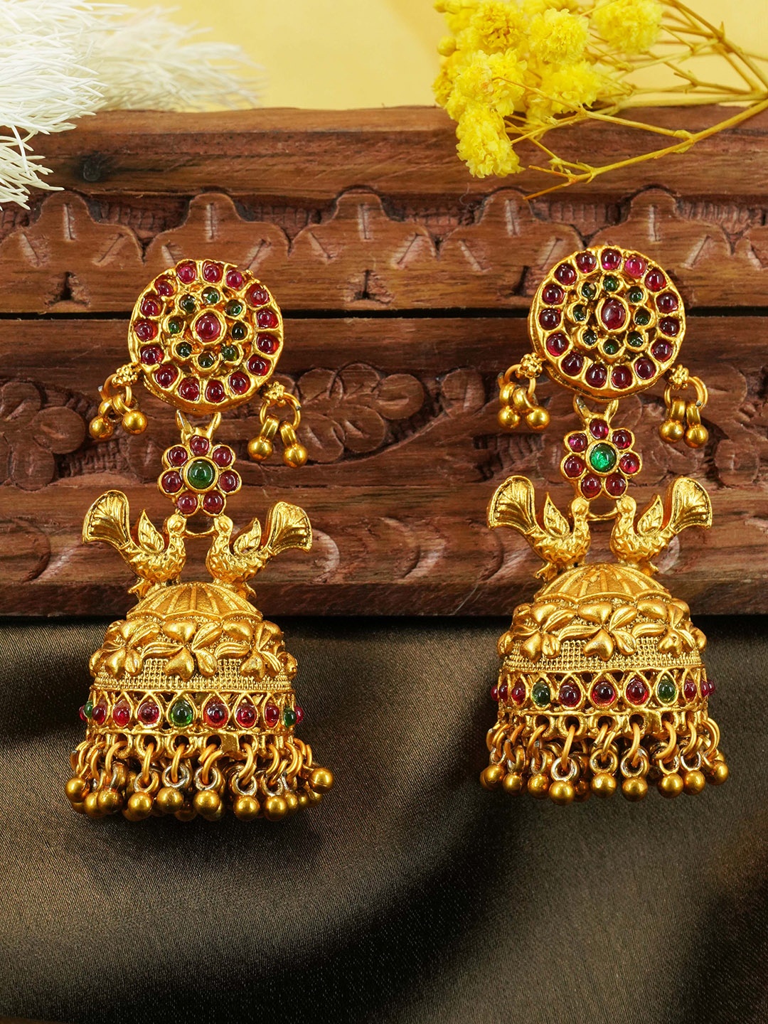 

GRIIHAM Gold-Plated Dome Shaped Jhumkas Earrings, Red