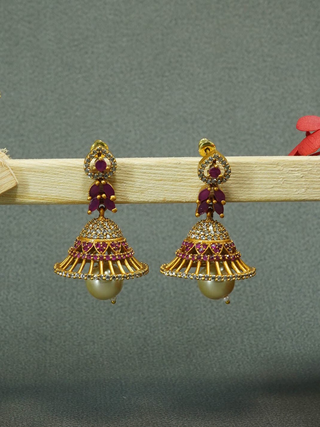 

GRIIHAM Gold-Plated Dome Shaped Jhumkas Earrings, Red