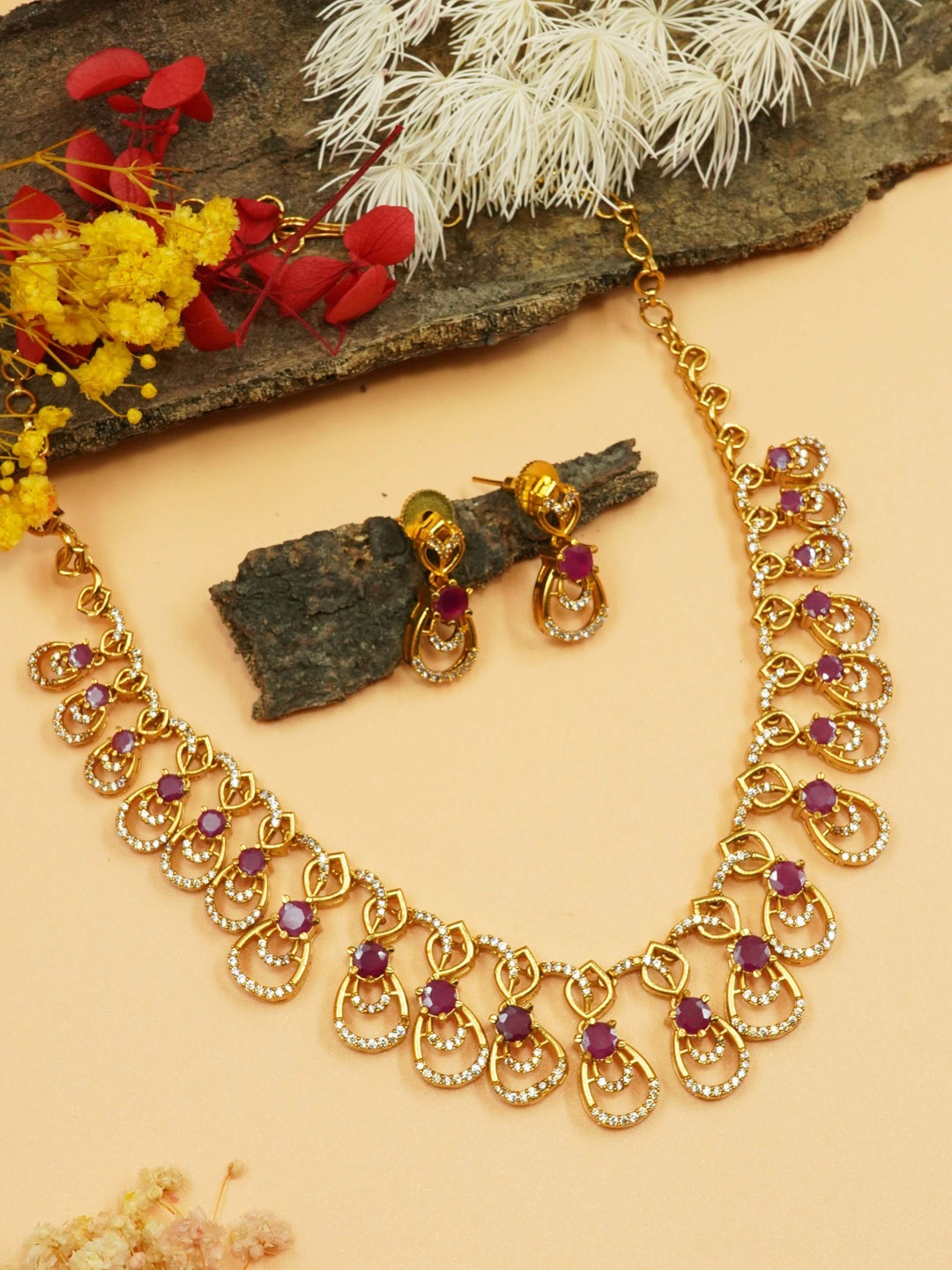 

GRIIHAM Gold-Plated CZ-Studded Jewellery Set, Pink