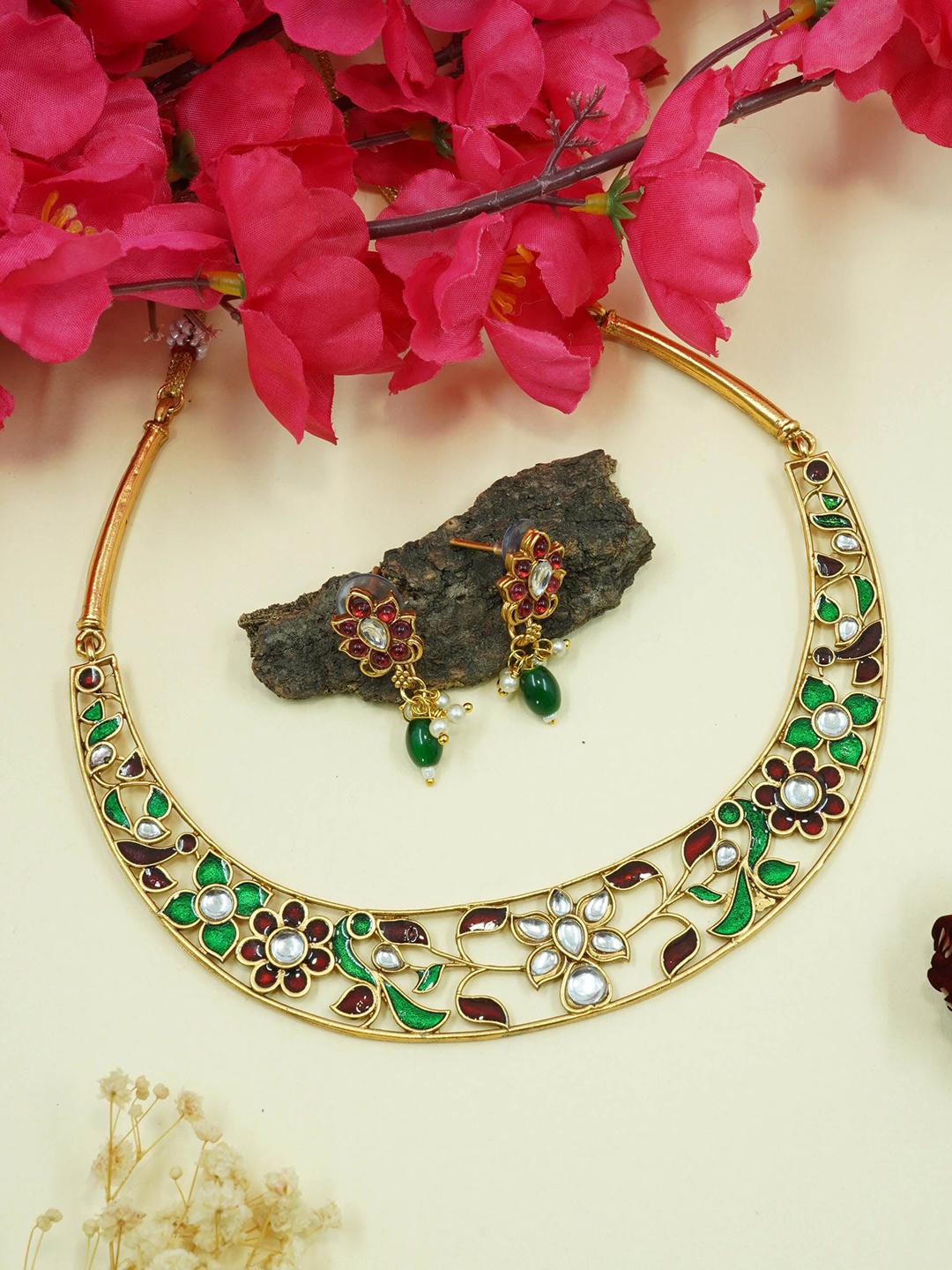 

GRIIHAM Gold-Plated AD-Studded Jadau Jewellery Set, Red
