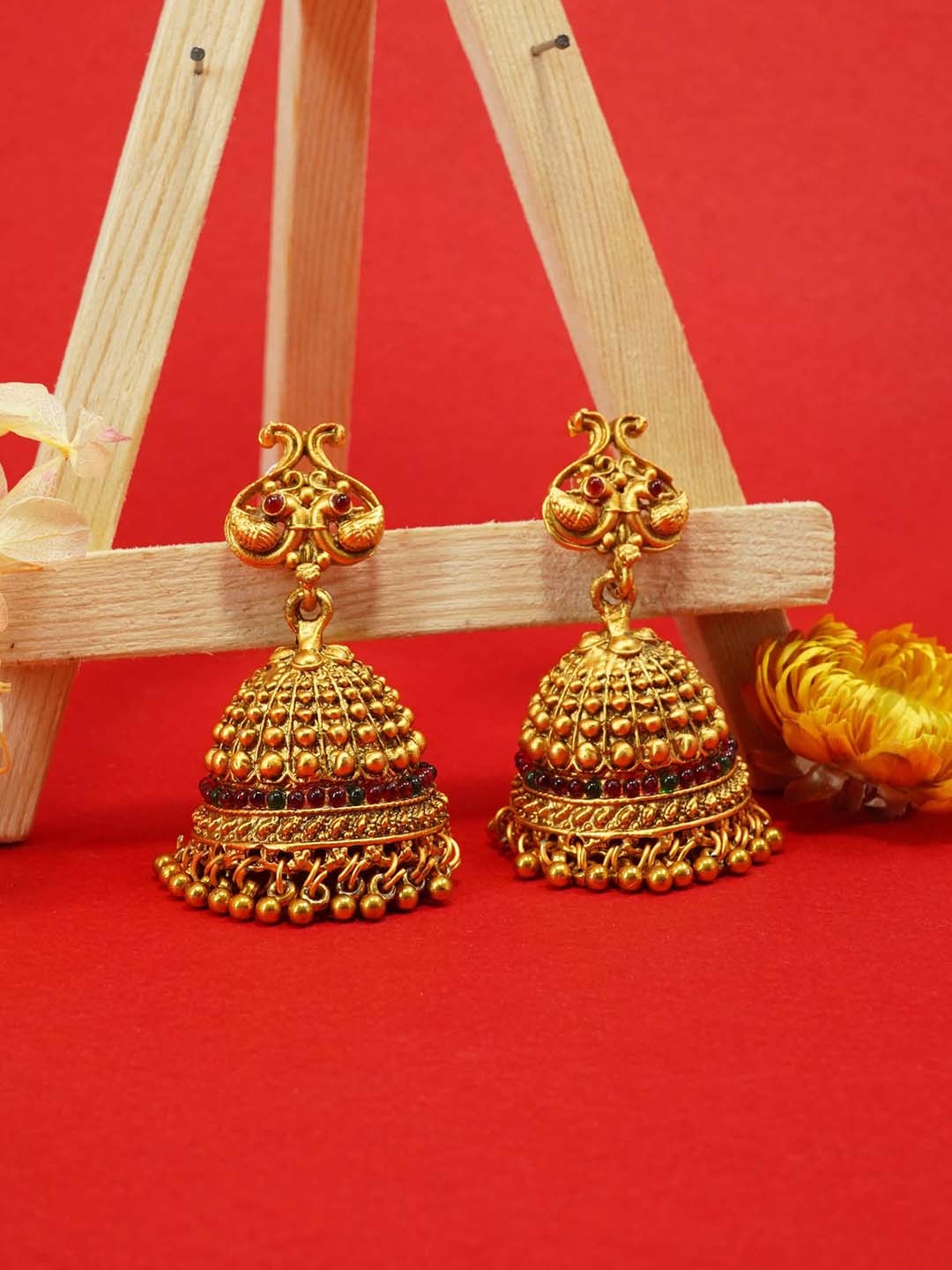 

GRIIHAM Gold-Plated Dome Shaped Jhumkas Earrings, Red