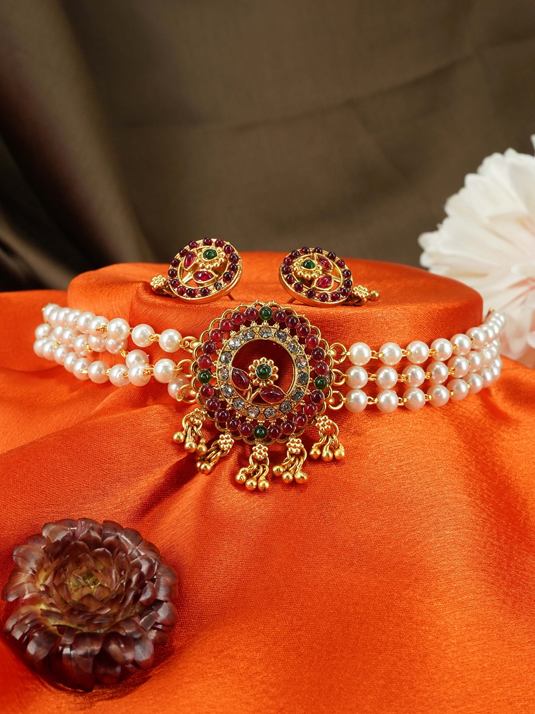 

GRIIHAM Gold-Plated American Diamond-Studded & Pearl Beaded Jewellery Set, Maroon