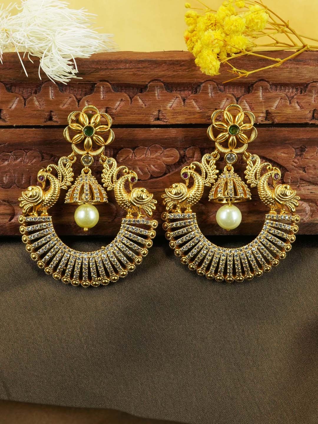 

GRIIHAM Gold-Plated Peacock Shaped Drop Earrings, White