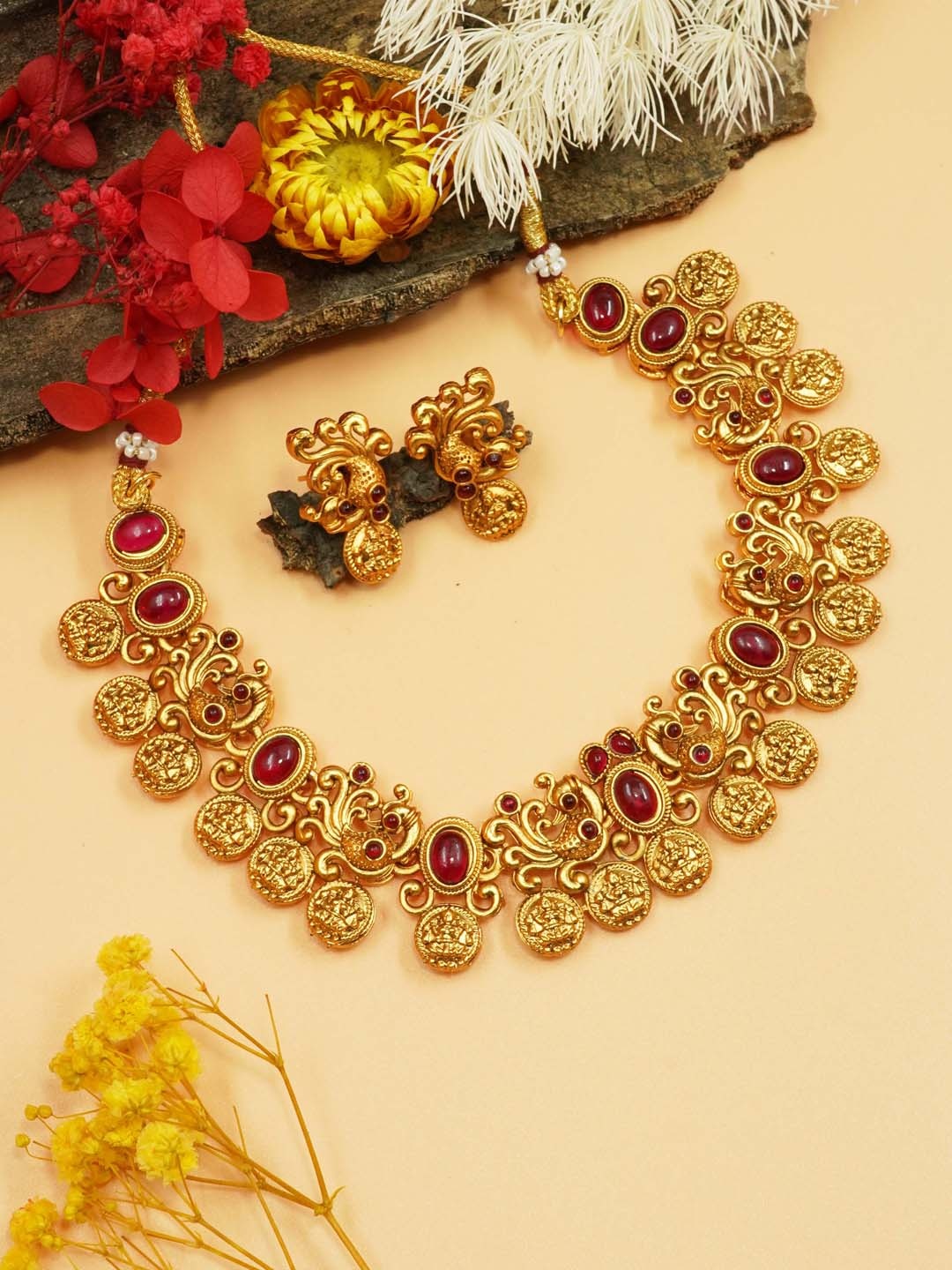 

GRIIHAM Gold-Plated AD Stone Studded Classic Necklace set, Red