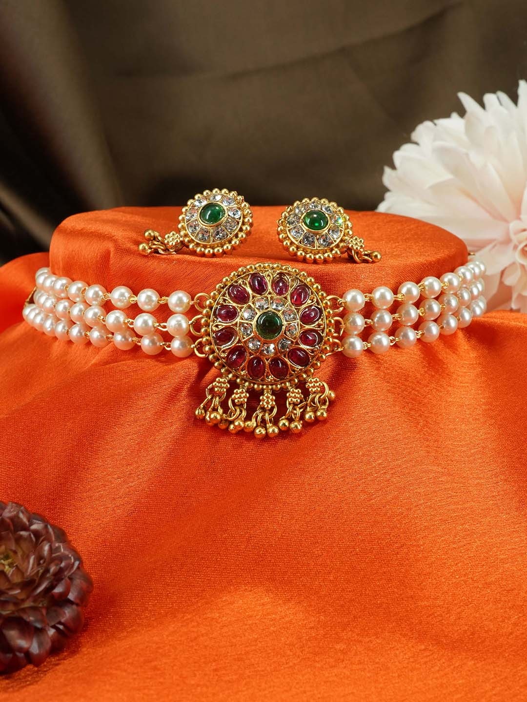 

GRIIHAM Gold-Plated AD Studded & Beaded Jewellery Set, Red