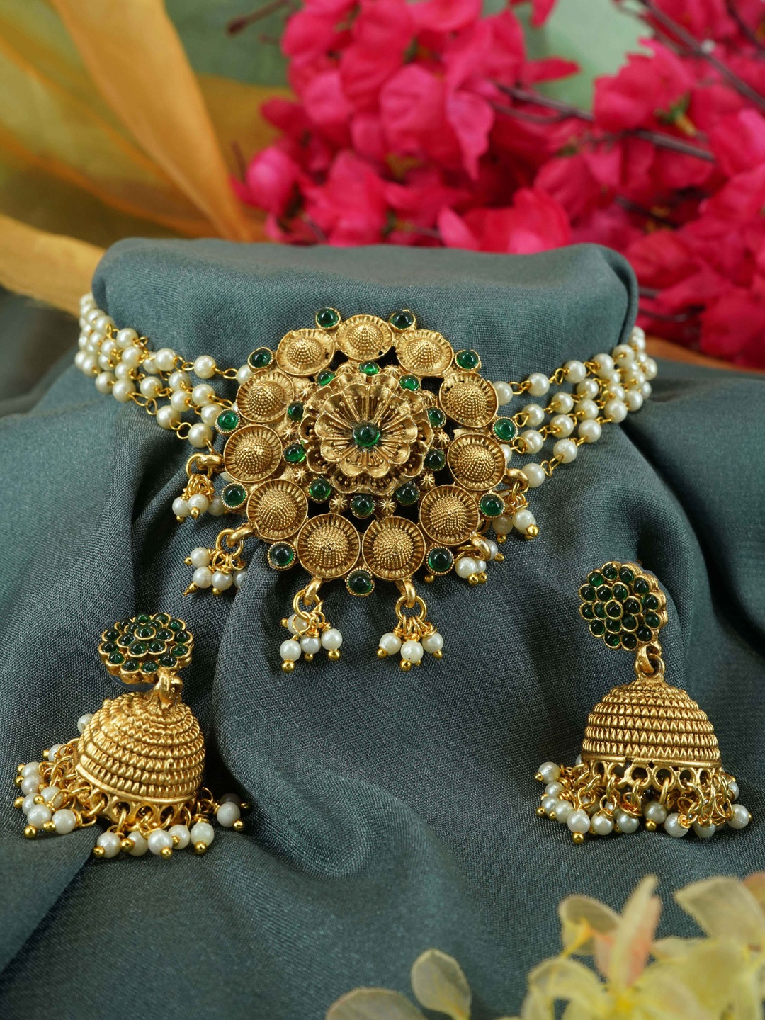 

GRIIHAM Gold-Plated AD-Studded & Beaded Laxmi Choker Jewellery Set, Green