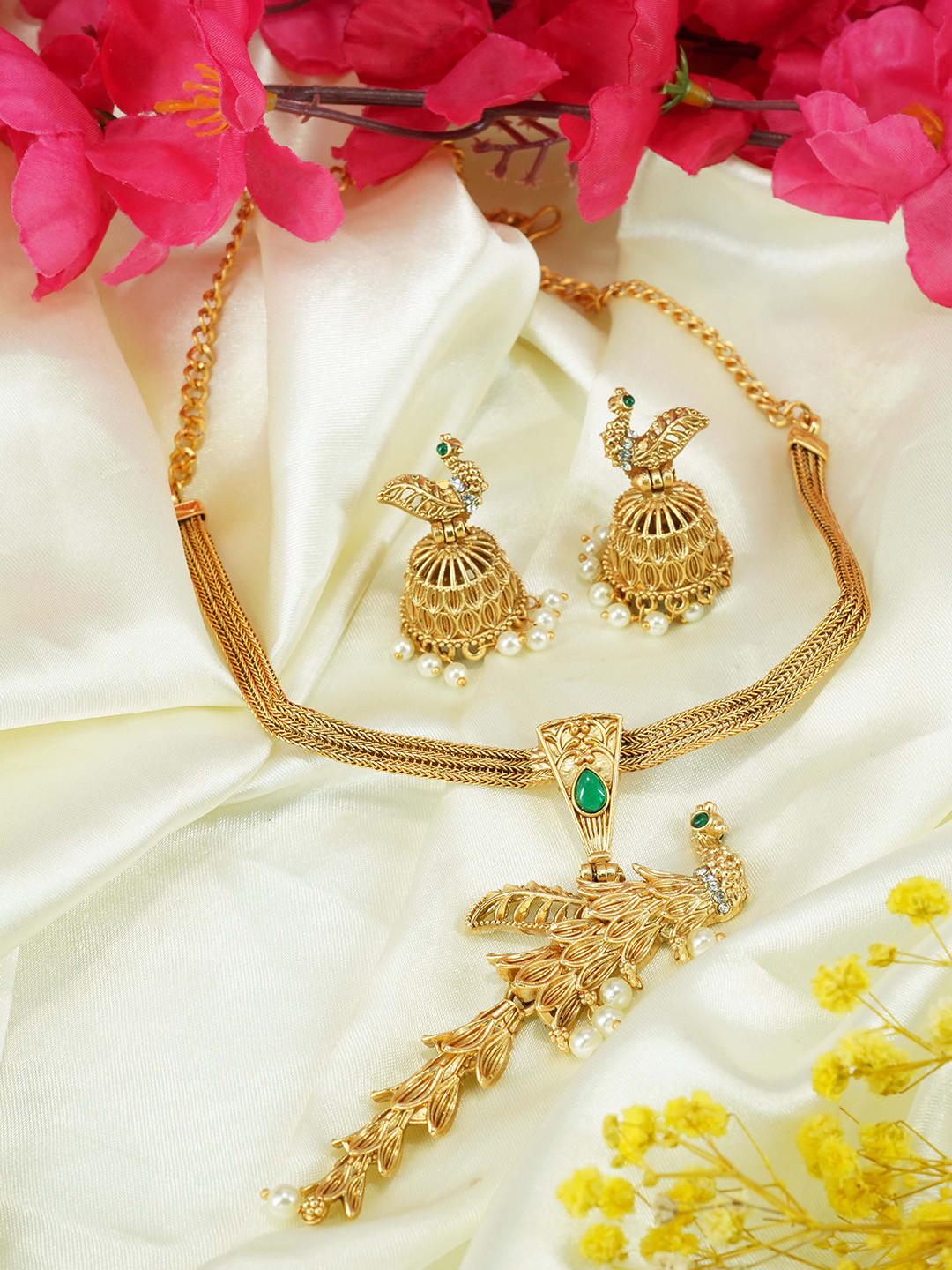 

GRIIHAM Gold-Plated AD Studded & Beaded Antique Jewellery Set, Green