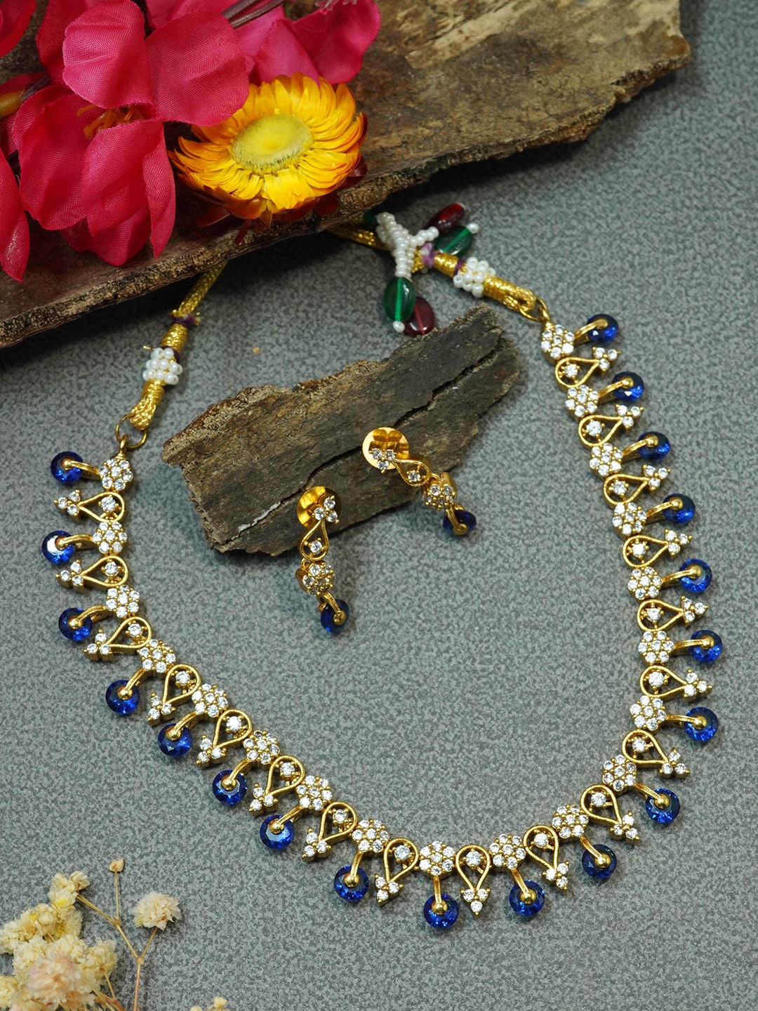 

GRIIHAM Premium Sayara Collection Gold-Plated AD-Studded Jewellery Set, Navy blue