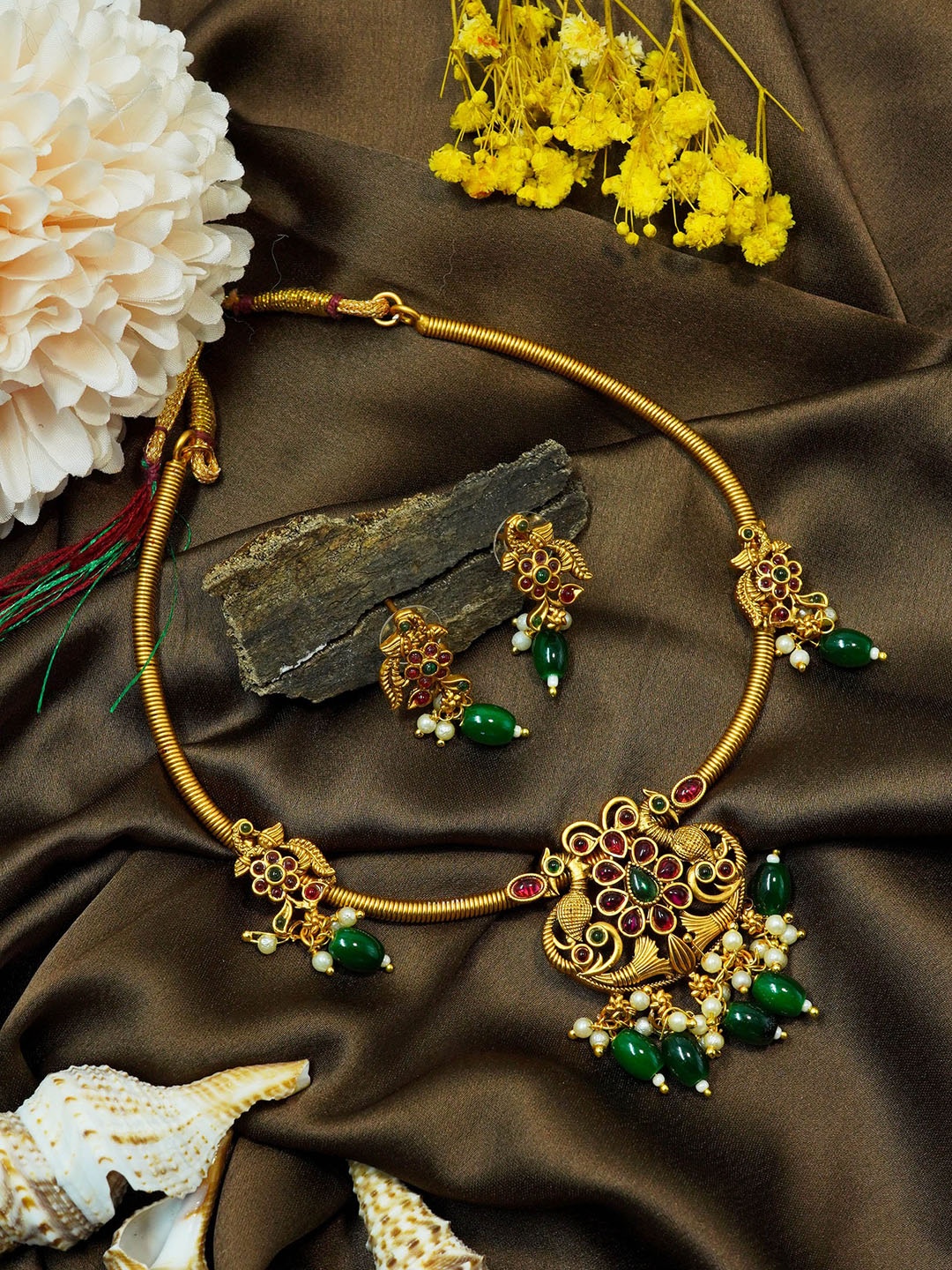 

GRIIHAM Gold-Plated American Diamond-Studded & Beaded Jewellery Set, Green