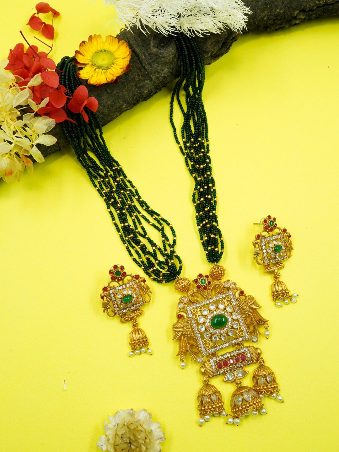 

GRIIHAM Gold-Plated AD-Studded Long Jewellery Set, Green