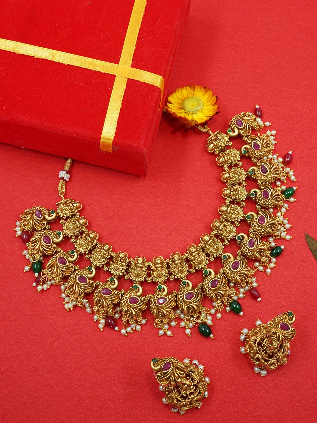 

GRIIHAM Gold-Plated AD Studded Classic Laxmi Necklace set, Green