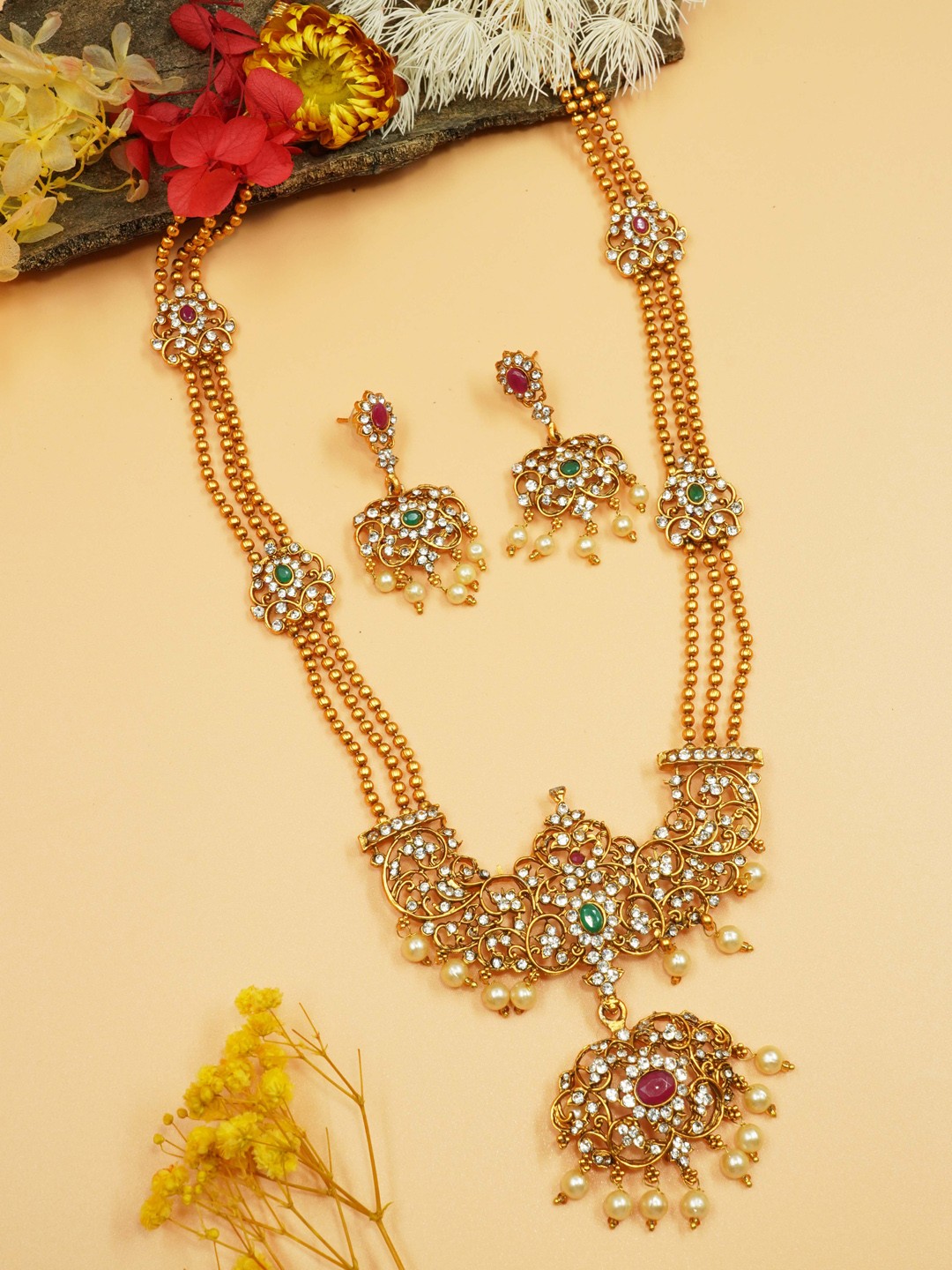 

GRIIHAM Gold-Plated American Diamond-Studded & Pearl Beaded Laxmi Jewellery Set