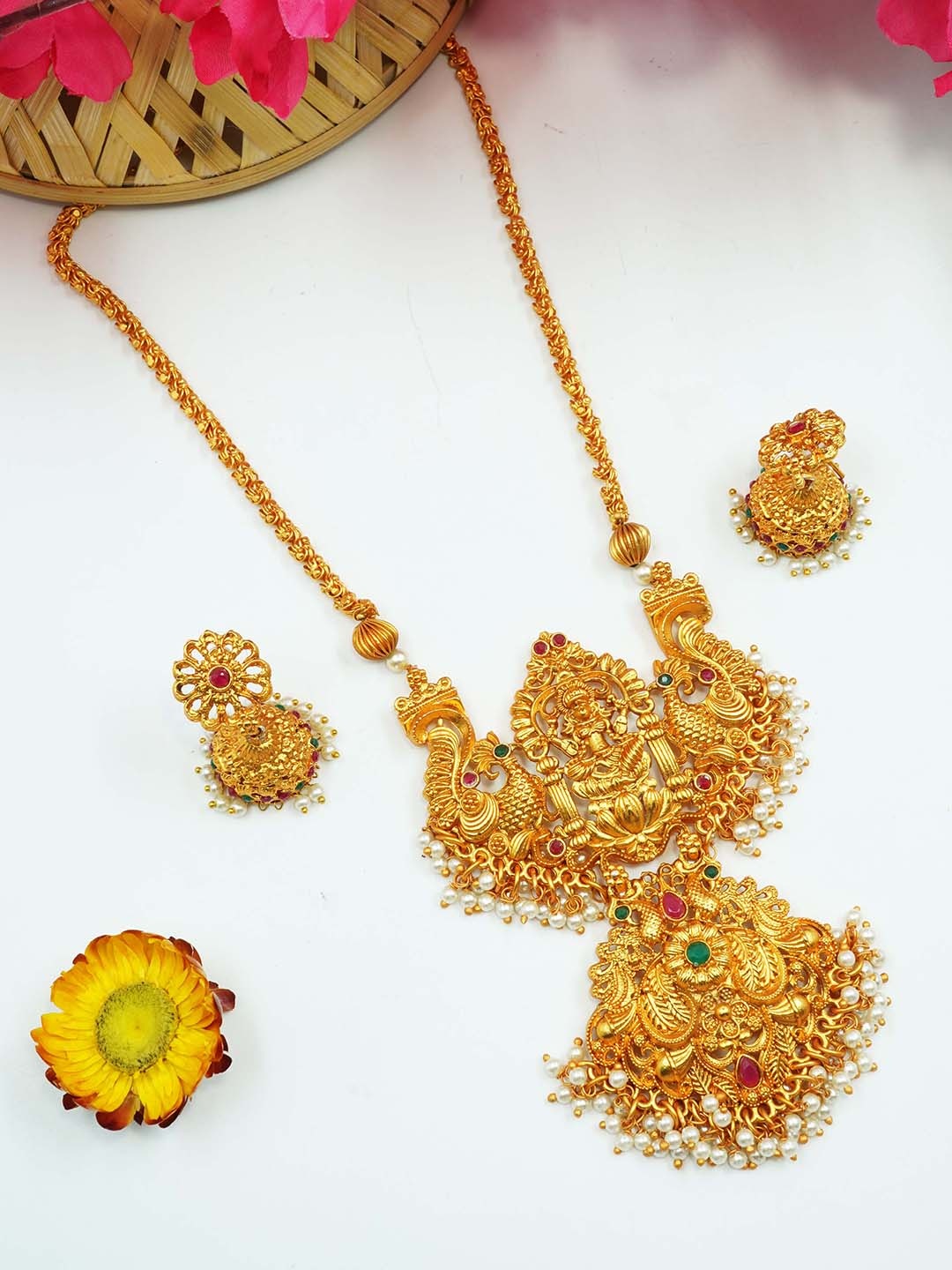 

GRIIHAM Gold-Plated AD Studded & Pearl Beaded Jewellery Set
