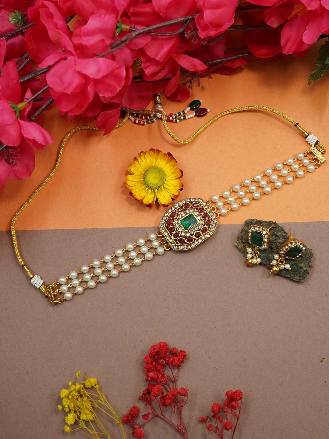 

GRIIHAM Gold-Plated AD Studded & Pearl Beaded Jewellery Set