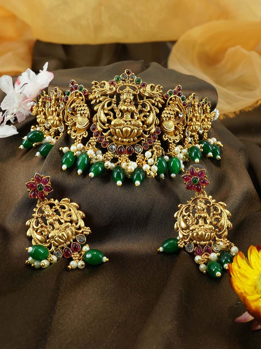 

GRIIHAM Gold-Plated AD Studded & Beaded Temple Jewellery Set