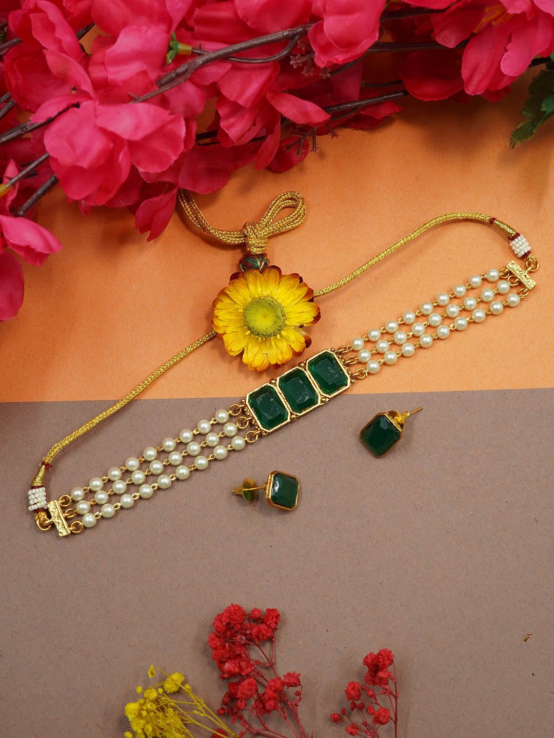 

GRIIHAM Gold-Plated AD Studded & Pearl Beaded Jewellery Set