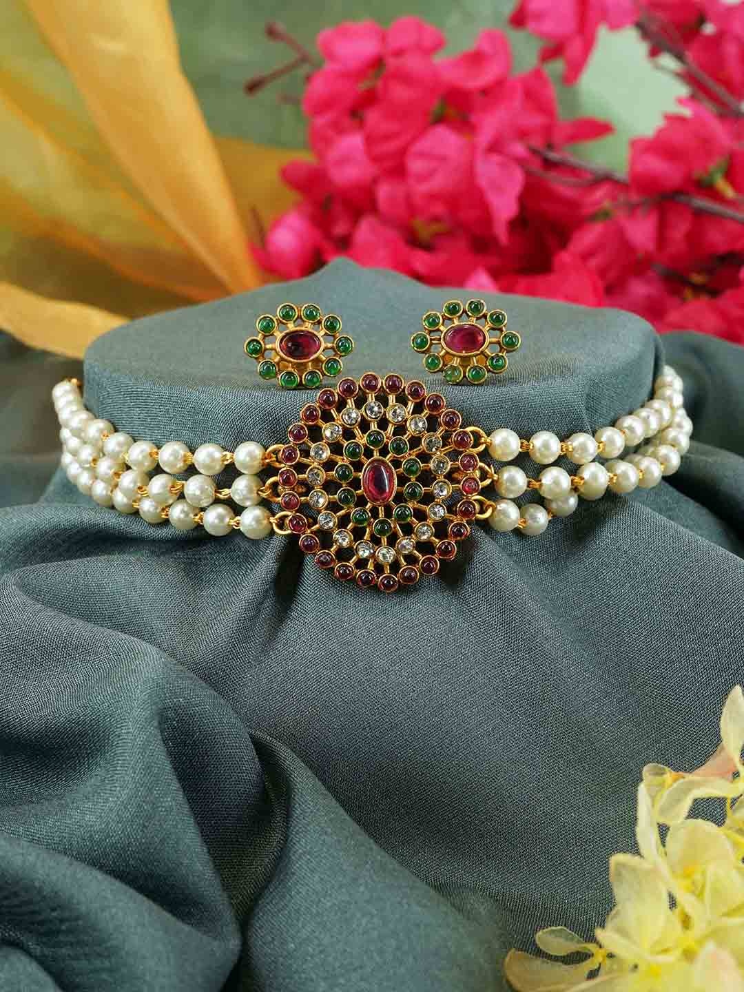 

GRIIHAM Gold-Plated AD Studded & Pearl Beaded Jewellery Set