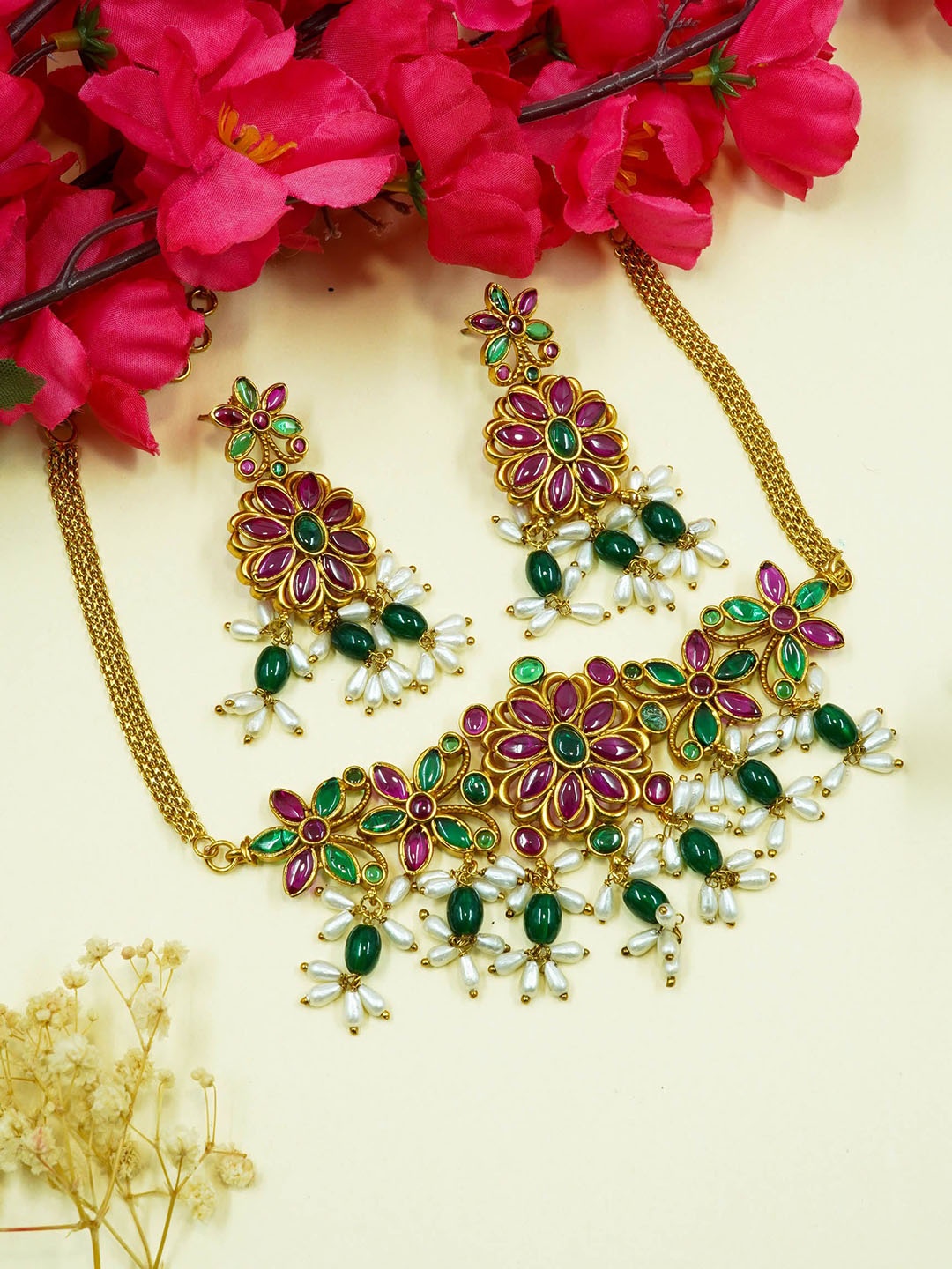 

GRIIHAM Gold-Plated & AD Studded Antique finish Jewellery Set