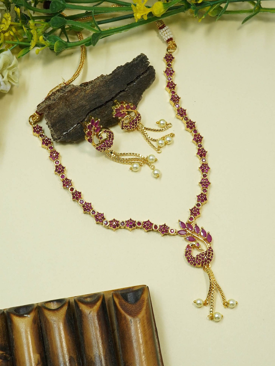 

GRIIHAM Gold-Plated AD Studded & Beaded Jewellery Set