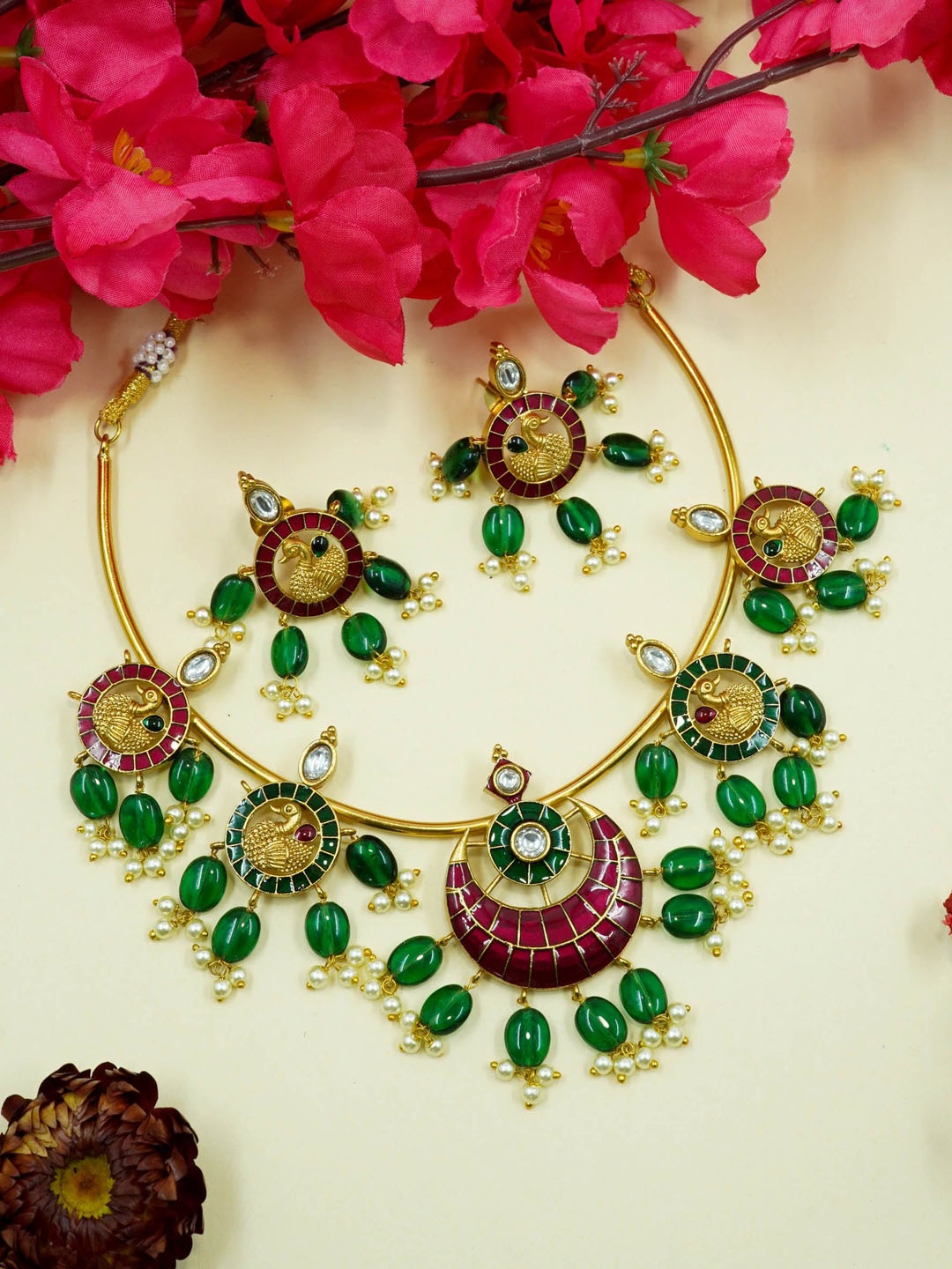 

GRIIHAM Gold-Plated AD-Studded & Pearl Beaded Jewellery Set