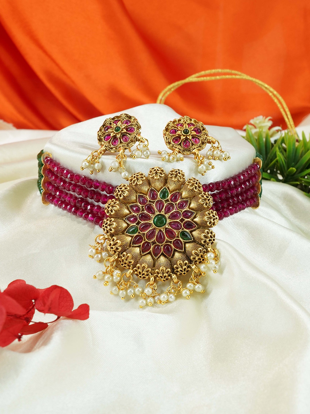 

GRIIHAM Gold-Plated AD Studded & Beaded Jewellery Set