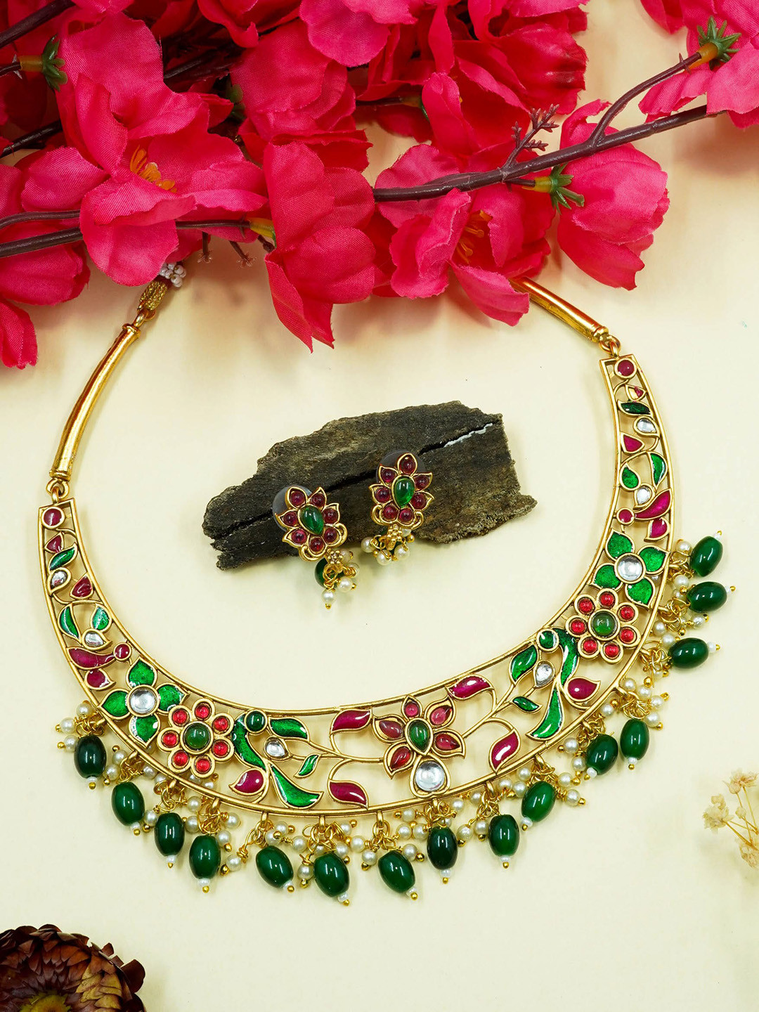 

GRIIHAM Gold-Plated & AD Studded Antique finish Jewellery Set