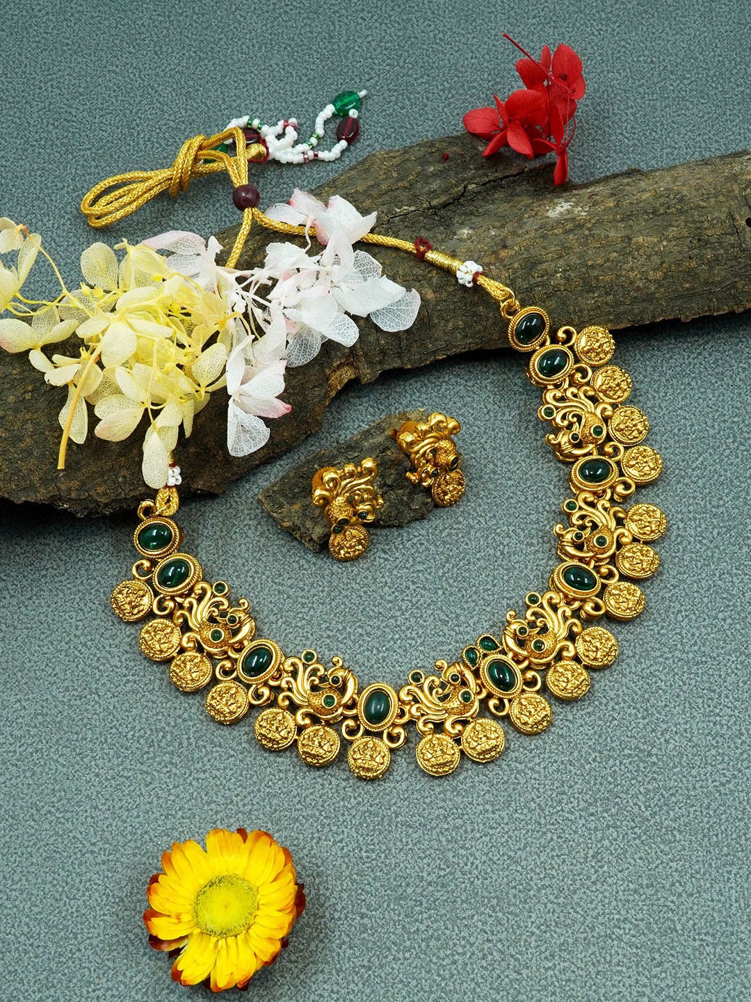 

GRIIHAM Gold-Plated AD Stone-Studded Laxmi with Coin Necklace Jewellery Set