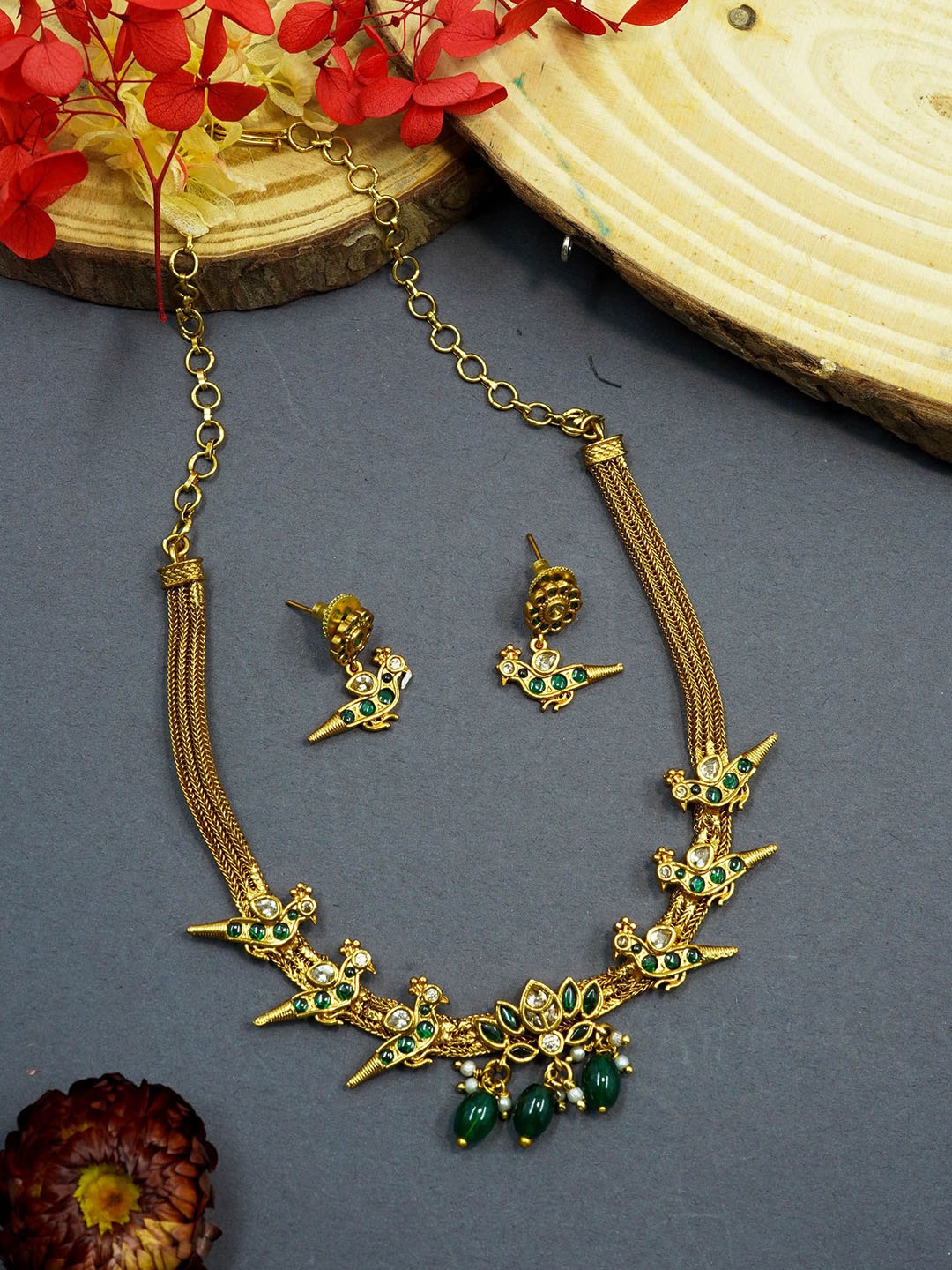 

GRIIHAM Gold-Plated AD Studded & Beaded Jewellery Set