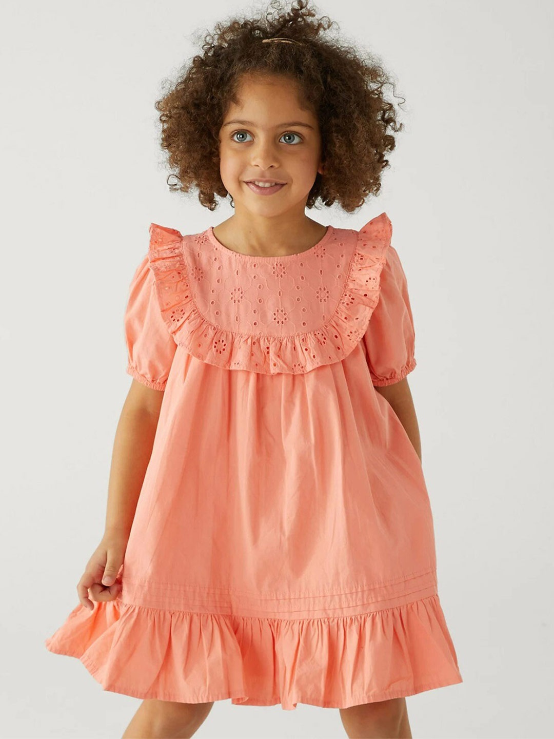

Marks & Spencer Cotton Puff Sleeves A-Line Dress, Peach