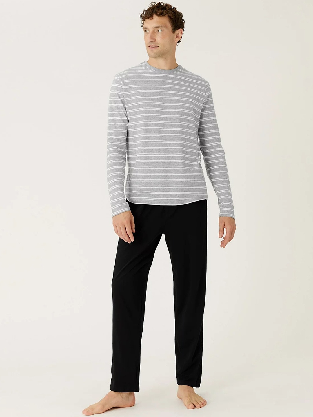 

Marks & Spencer Men Striped Pure Cotton Night suit, Black