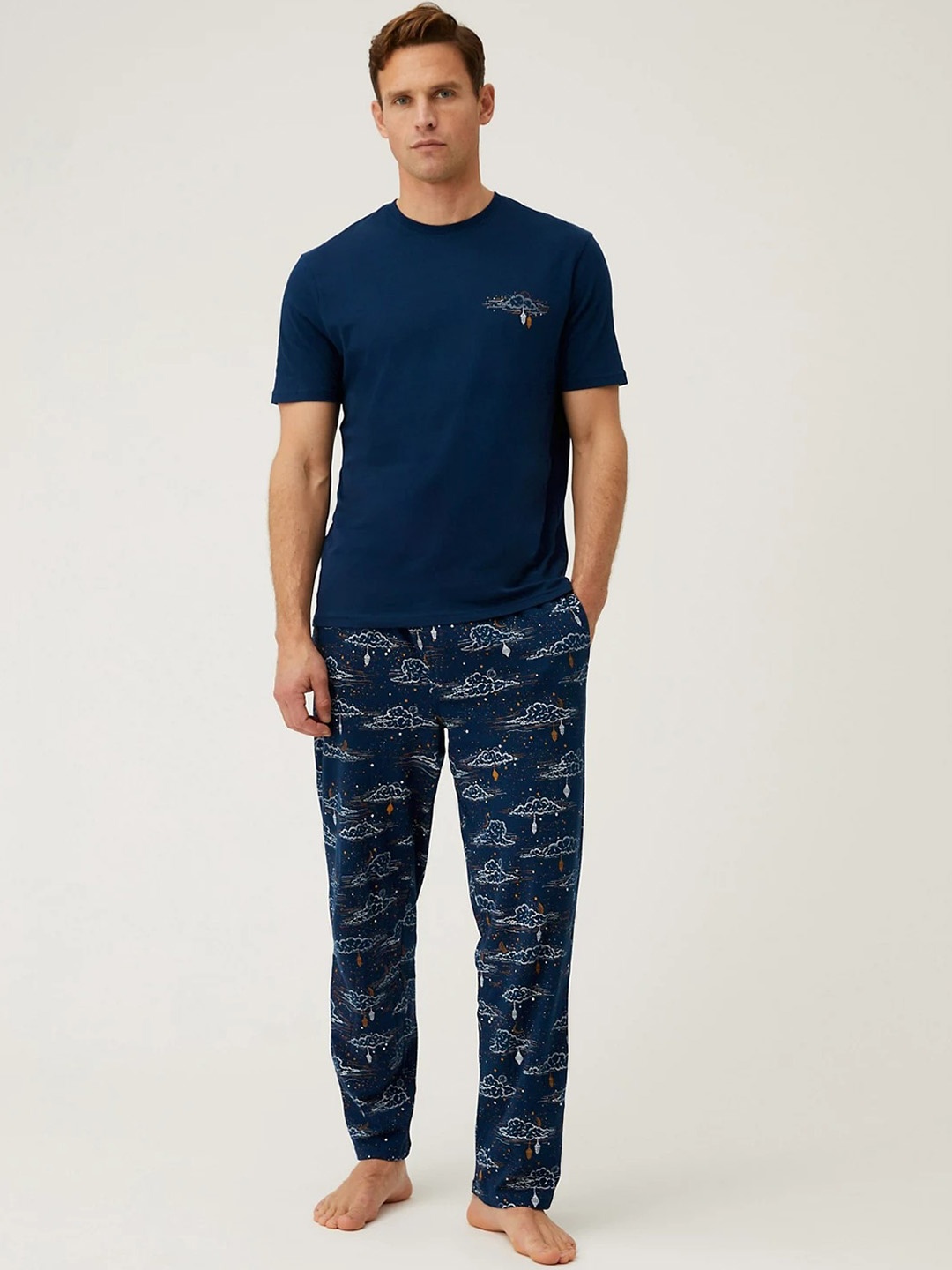 

Marks & Spencer Men Pure Cotton Night suit, Navy blue