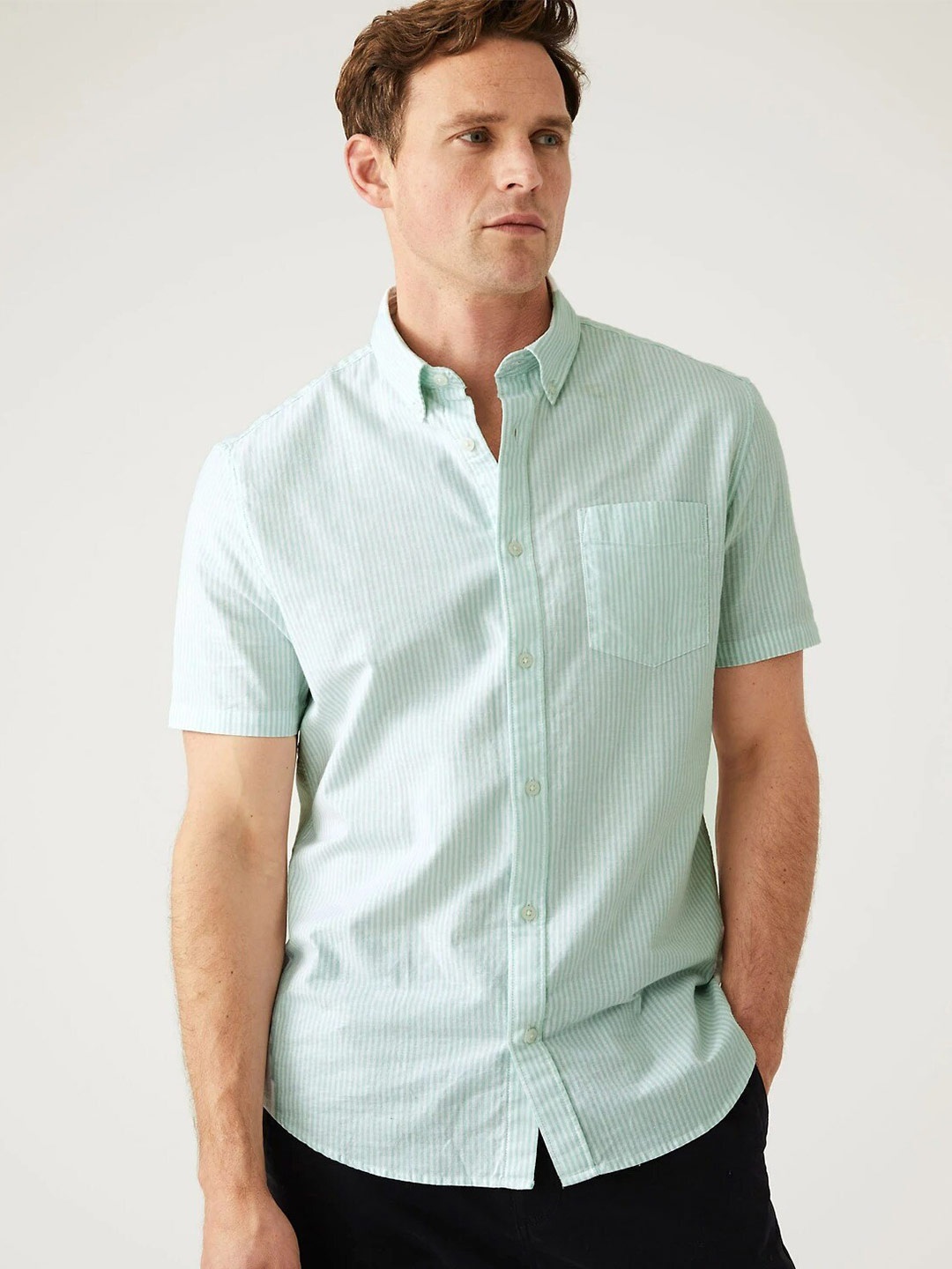 

Marks & Spencer Men Striped Pure Cotton Casual Shirt, Green