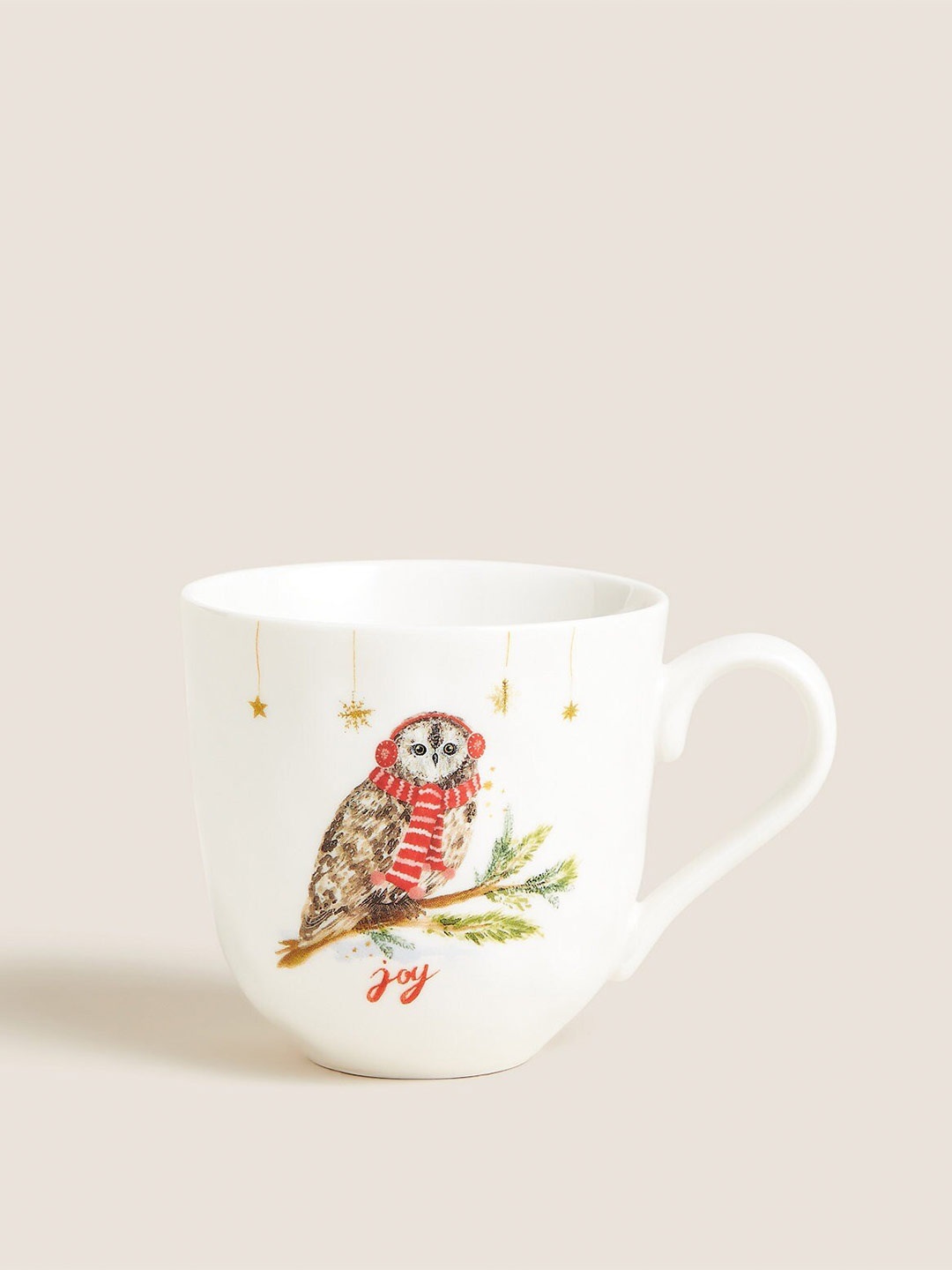 

Marks & Spencer White & Green Xmas Owl Printed Bone China Glossy Mug 200 ml