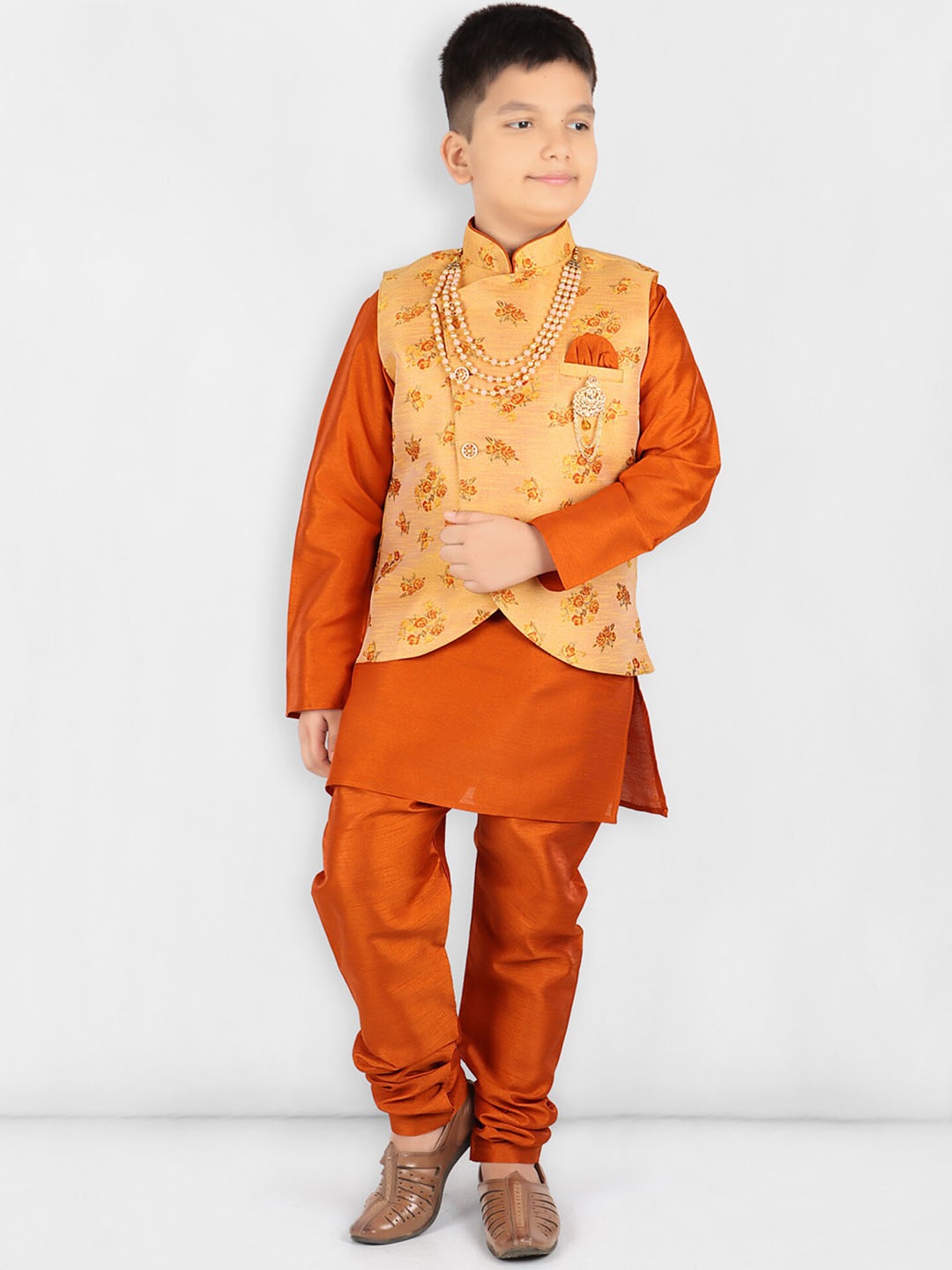 

KIDS FARM Silk Ethnic Motifs Kurta Pyjama with Jacket & Mala, Orange
