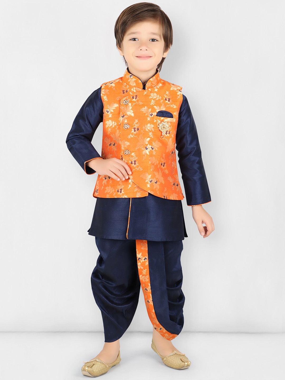 

KIDS FARM full Silk Ethnic Motifs Kurta & Dhoti Set with Jacket, Orange