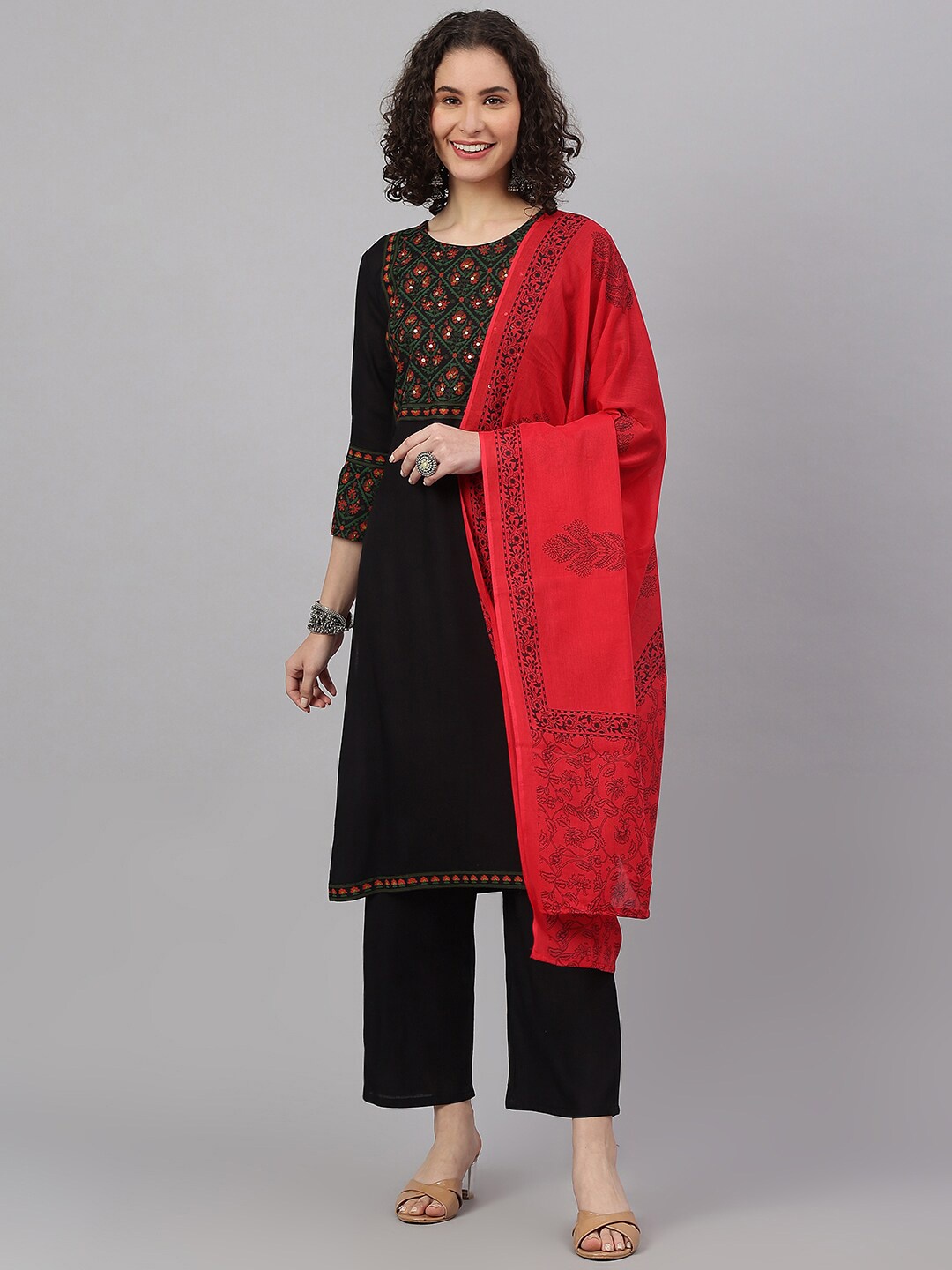 

KALINI Women Ethnic Motifs Printed Mirror Work Kurta with Trousers & Dupatta, Black