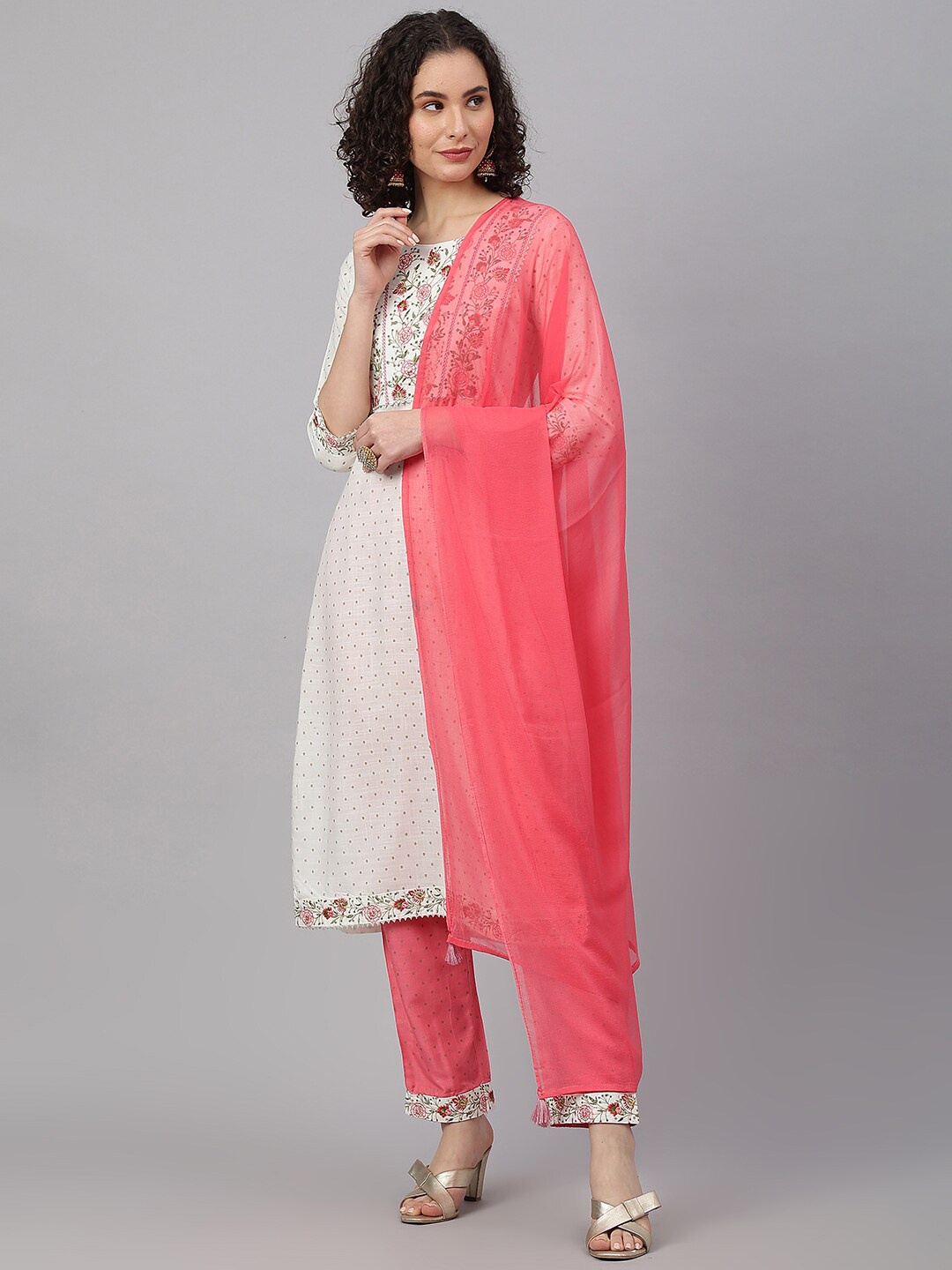 

KALINI Women White Floral Embroidered Gotta Patti Kurta with Trousers & Dupatta