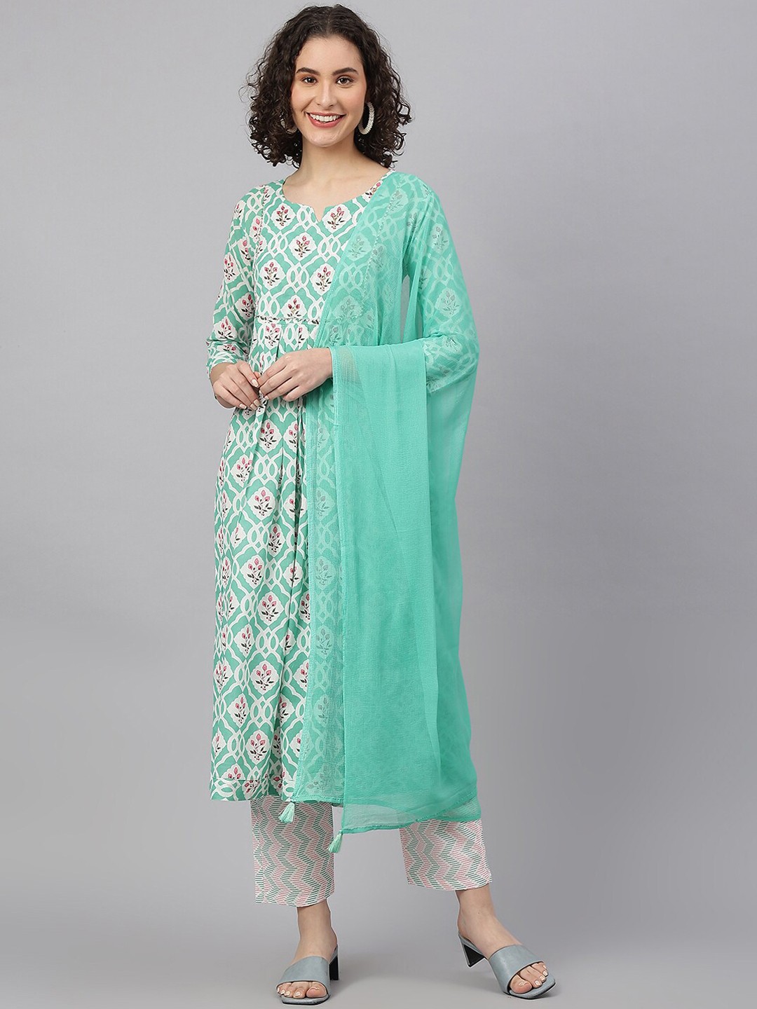 

KALINI Women Floral Printed Pleated Gotta Patti Pure Cotton Kurta with Trousers & Dupatta, Green