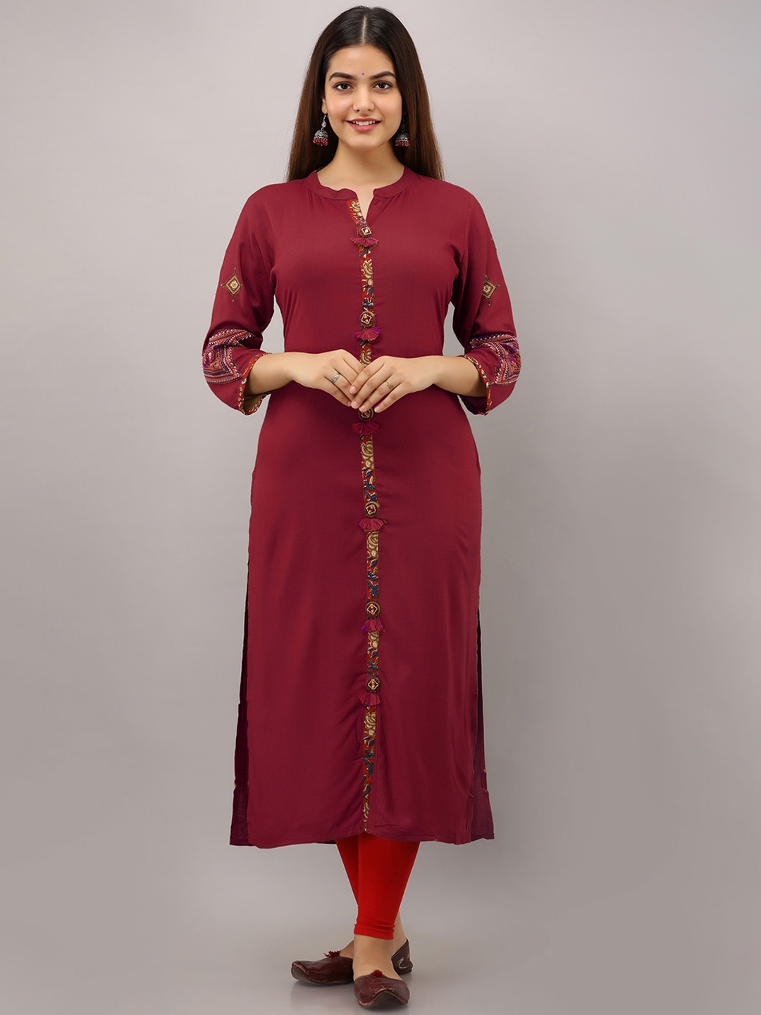 

PREKSHA Women Ethnic Motifs Printed Notch Collar Kurta, Maroon