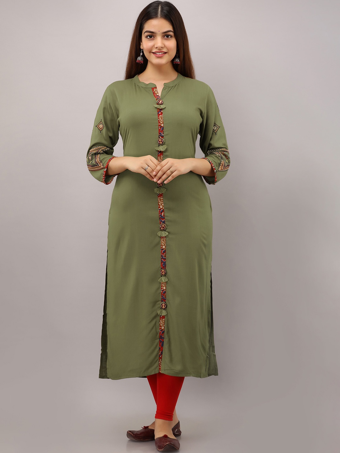 

PREKSHA Ethnic Motifs Printed Straight Regular Kurta, Olive
