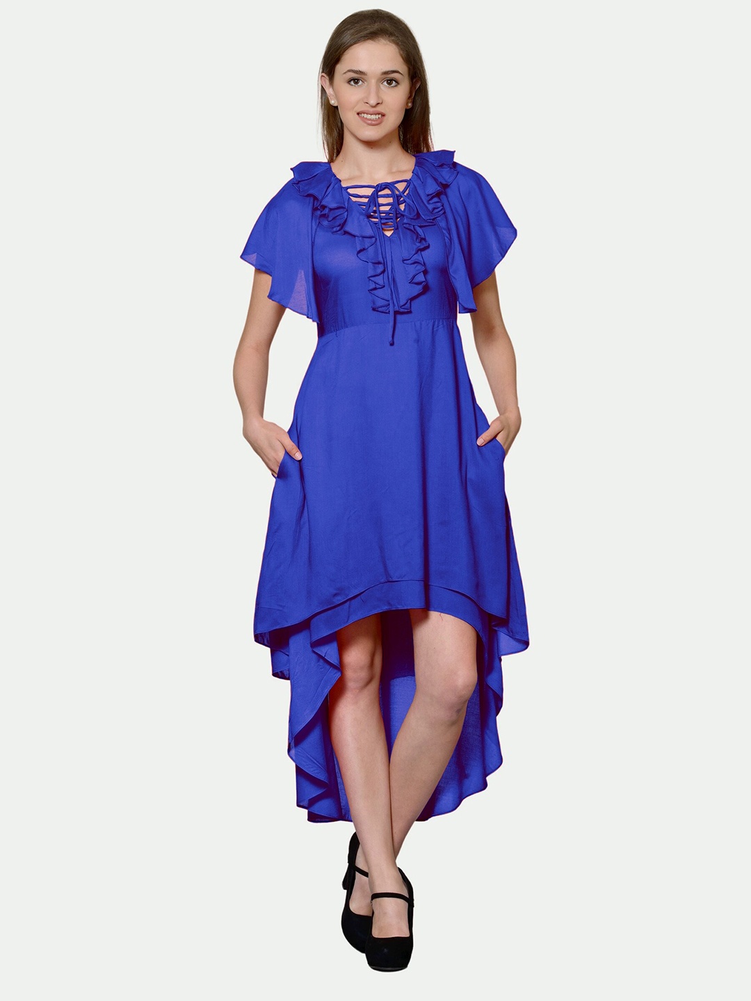 

PATRORNA Tie-Up Neck Flutter Sleeves Ruffles Fit And Flare Dress, Blue