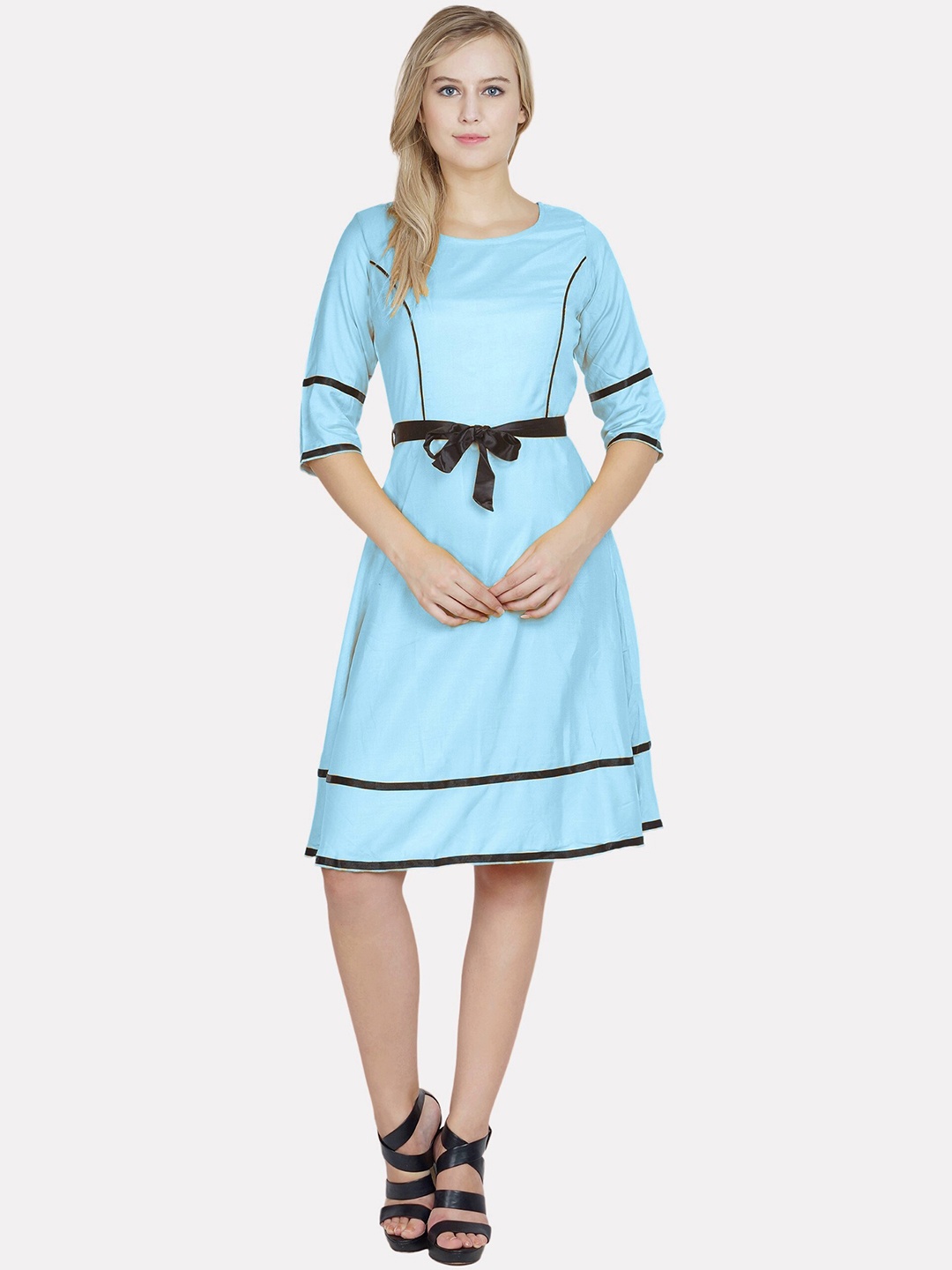 

PATRORNA Belted Cotton A-Line Dress, Blue